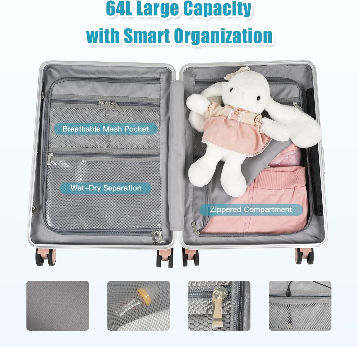 The interior of the luggage showing spacious 64L capacity with mesh pockets and zippered compartments.