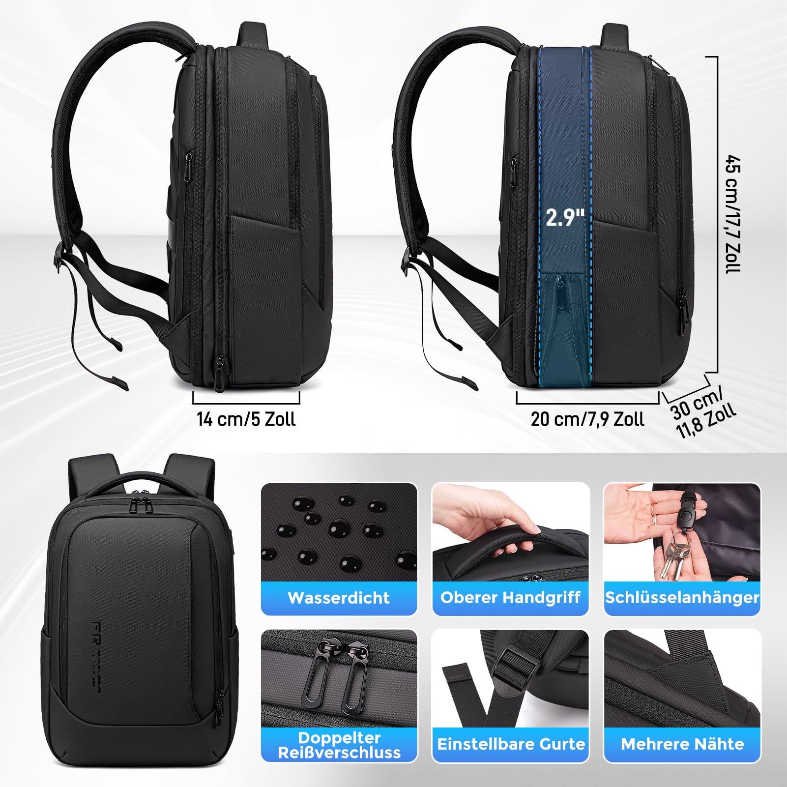 FENRUIEN Erweiterbarer Laptop Rucksack 15.6 Zoll 19L-27L 1800D Business Reise Backpack Laptop Tasche für Herren Damen Mädchen Teenager mit Laptopfach & USB-Ladeanschluss (Schwarz)