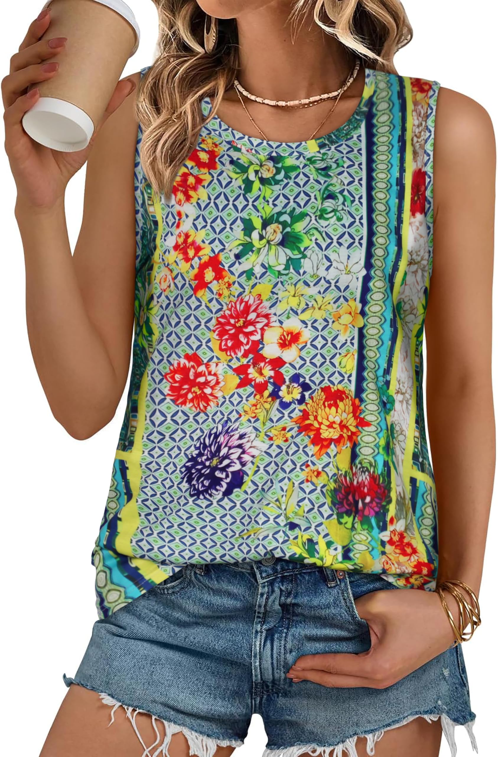 Women Summer Tops Sleeveless Tank Floral Casual Cute Loose Fit Cute T-Shirt Tunic