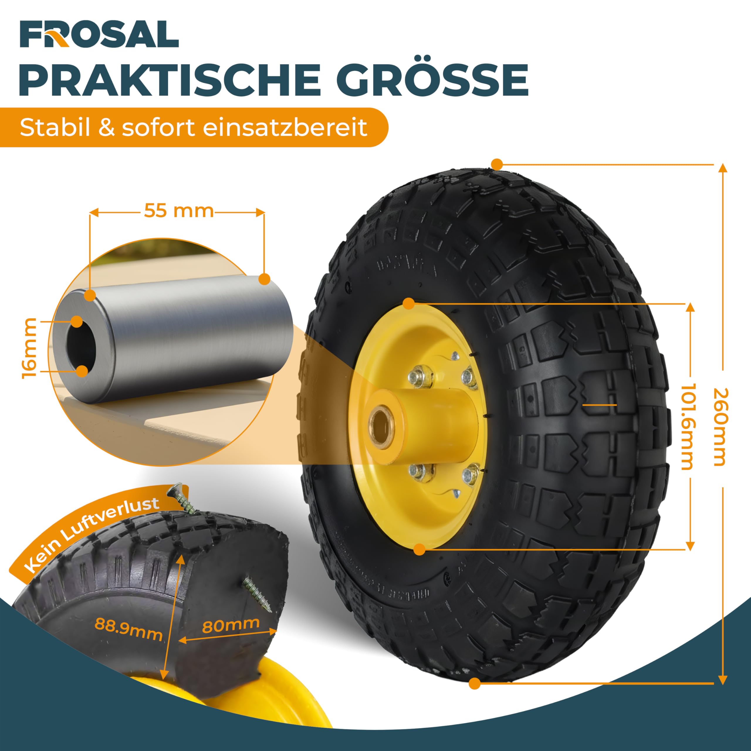 FROSAL PU-Ersatzräder 4.10/3.50–4 – 4er-Set – pannensichere Räder mit Stahlfelge – Vollgummi-Bereifung – Ø 260 × 85 mm – Achsdurchmesser 16 mm, Nabenlänge 55 mm – für Sackkarre & Bollerwagen