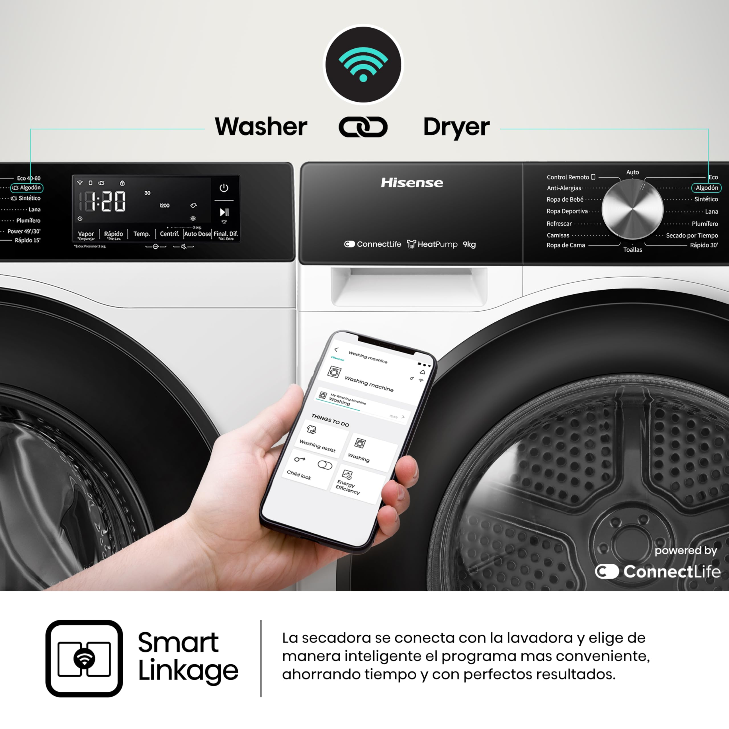 Hisense DH3S902BWCC - Secadora 9Kg, Clase C, Fondo 59cm, Secado Automático, Secado Rápido 30', Smart Pair, Antiarrugas, Bomba de Calor, Allergy Care, Blanco