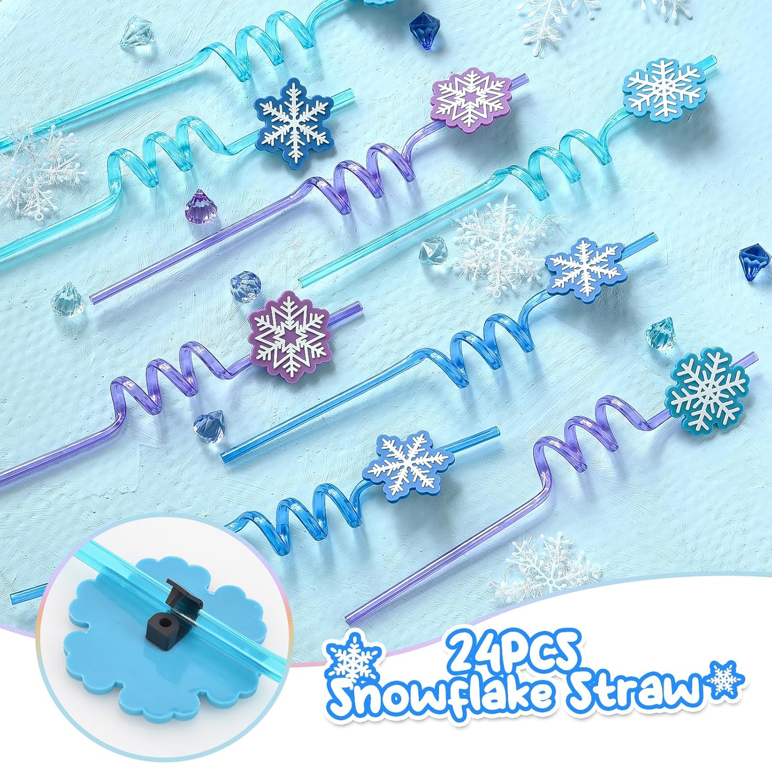 Winrayk Frozen Party Favors for Kids, 24Pcs Snowflake Straws Drinking Plastic Reusable Straws Bulk & Detachable Topper, Summer Pool Beach Winter Christmas Pinata Filler Frozen Birthday Party Supplies - Image 2