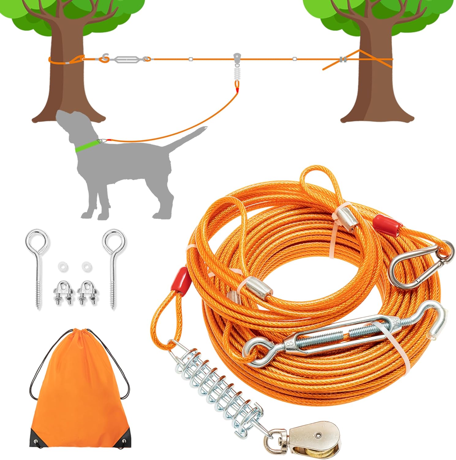 100FT Dog Tie Out Cable, Heavy Duty Dog Runner Cable Lead for Yard, Chew Proof Trolley Run Leash for Small Medium Large Dogs Camping, Training, Hiking Outdoor