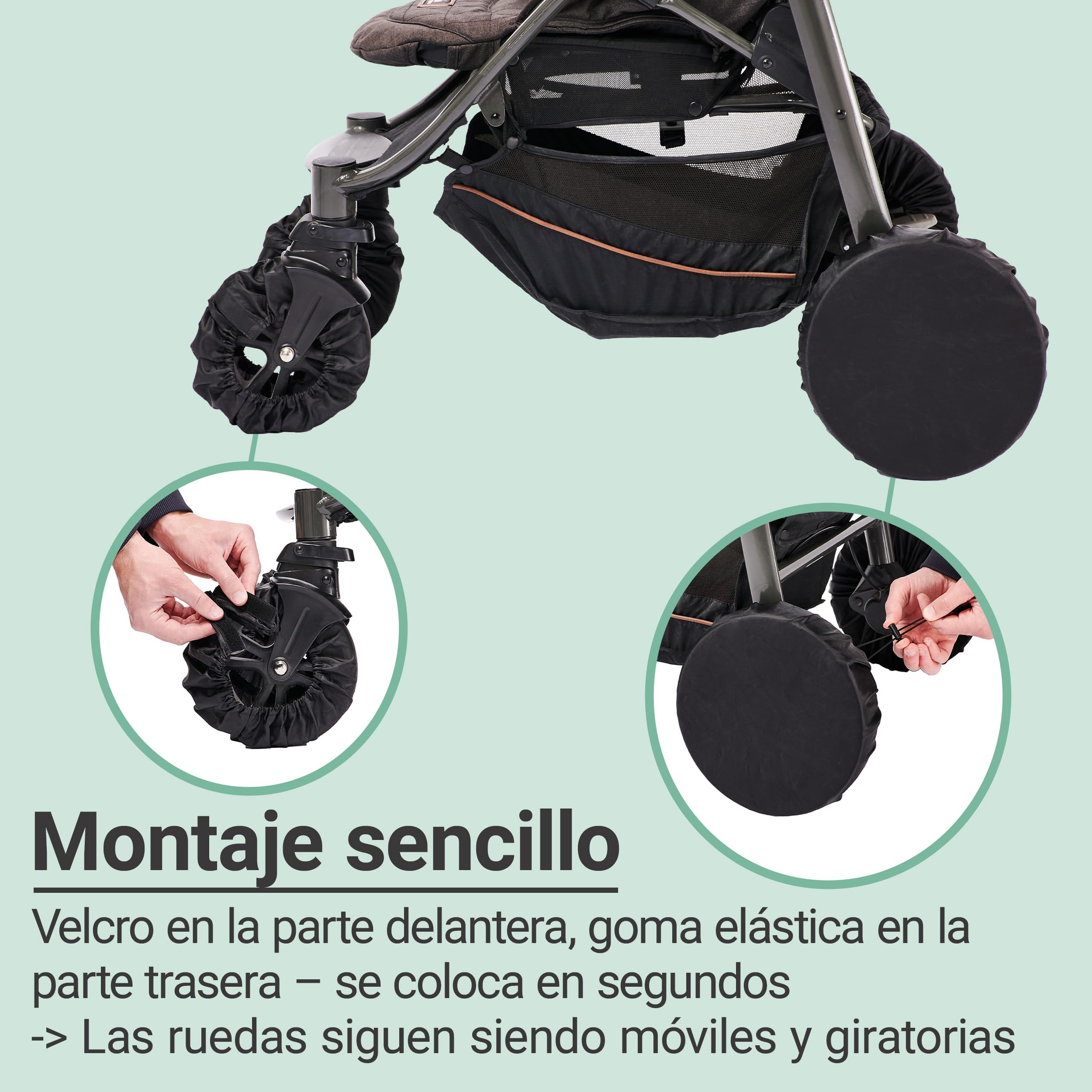 Zamboo Fundas Protectores de Ruedas para Cochecito | 4 Cubiertas Universales Impermeables para Rueda de Carrito Bebé | Antisuciedad para Casa y Coche | Lavables | Ajuste Seguro | Negro