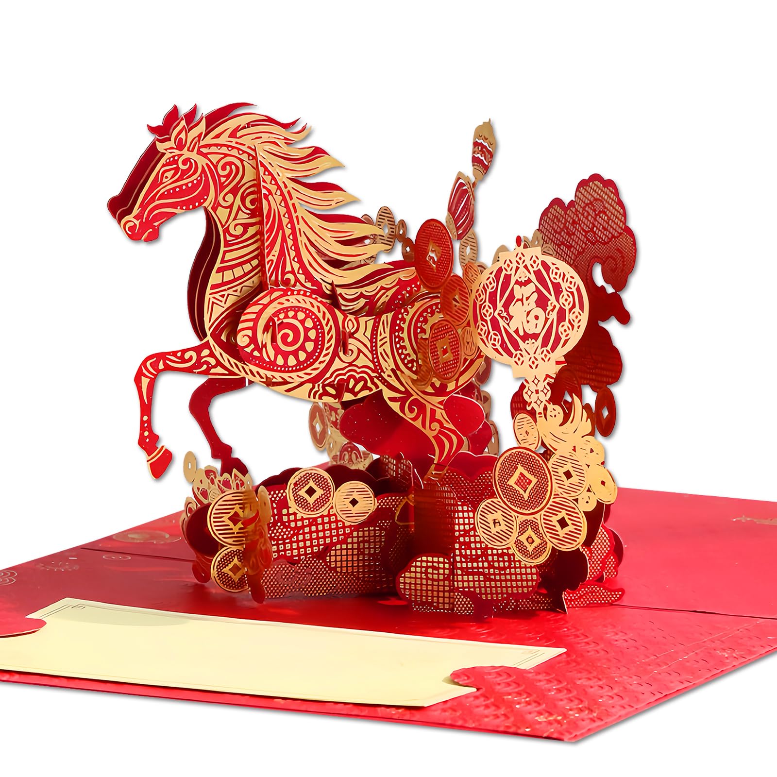 JUESMOS 2026 Year of The Horse Cards Happy Chinese New Year Card 3D Pop Up Card Horse Year Greeting Card with Envelope Chinese Lunar New Year Card
