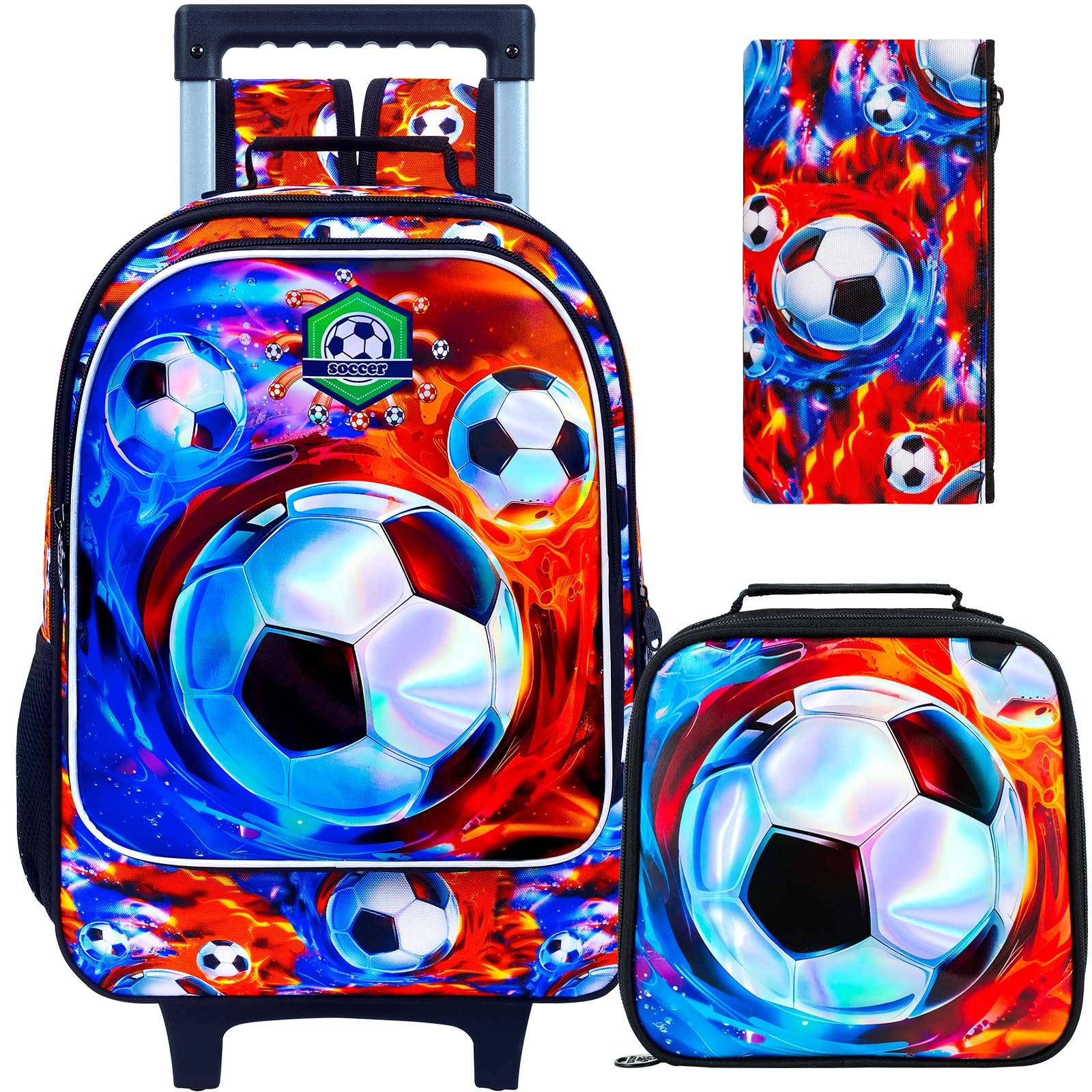 ZLYERT 3Pcs Soccer Rolling Backpack for Boys, Kids School Backpacks with Wheels, Roller Bookbag with Lunch Box for Elementary Preschool(Ice and Fire)