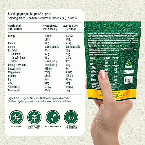 Miniatura 4 de Biogenesis Mini tabletas de espirulina orgánica  1000 unidades (200 mg)  Algas azul-verdes cultivadas en Australia  Rico en ficocianina, clorofila y