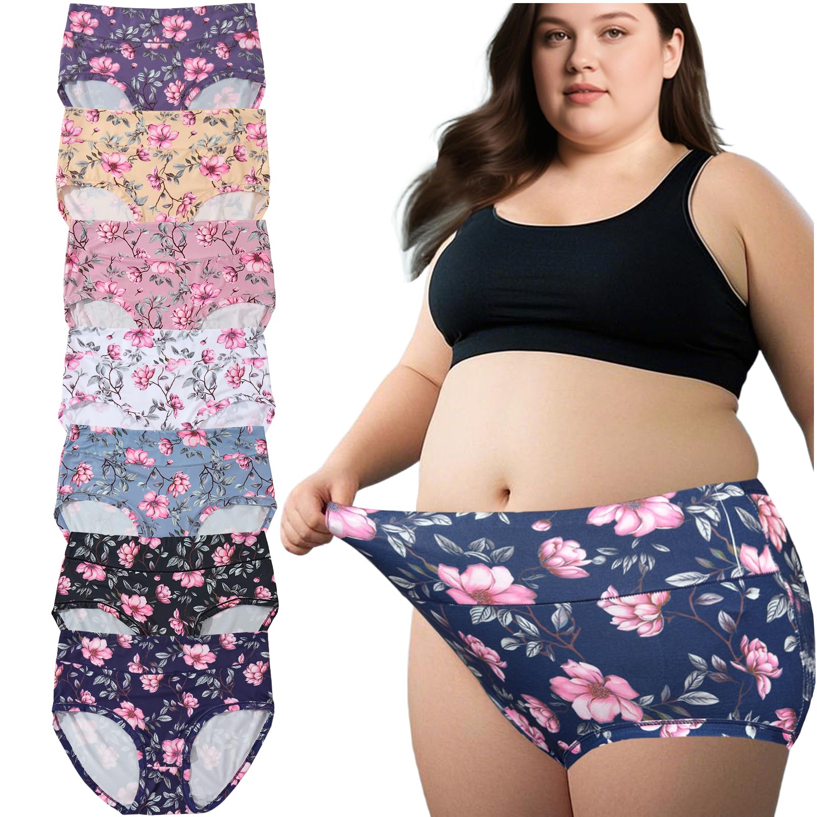 Womens Underwear Plus Size Panties XL-5XL 7 Pack Ladies Briefs Mid High Waist Floral Underwear Undies