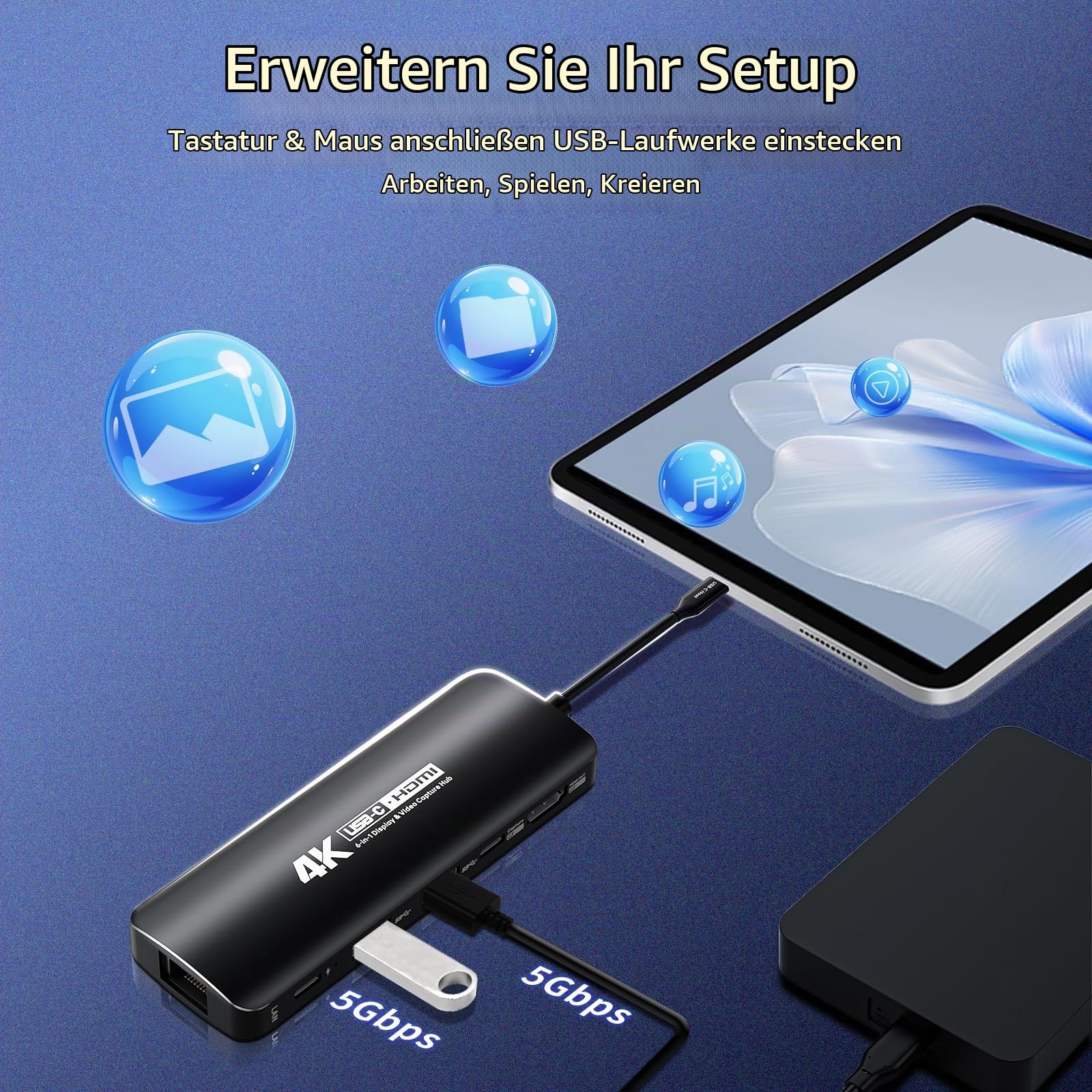 Guermok Capture Dock für Switch2, 4K60 HDMI & USBC Video Capture | Für OBS, PD 100W, Gigabit Ethernet, USB 3.0 Hub, kompatibel mit Steam Deck und Gaming-Handhelds