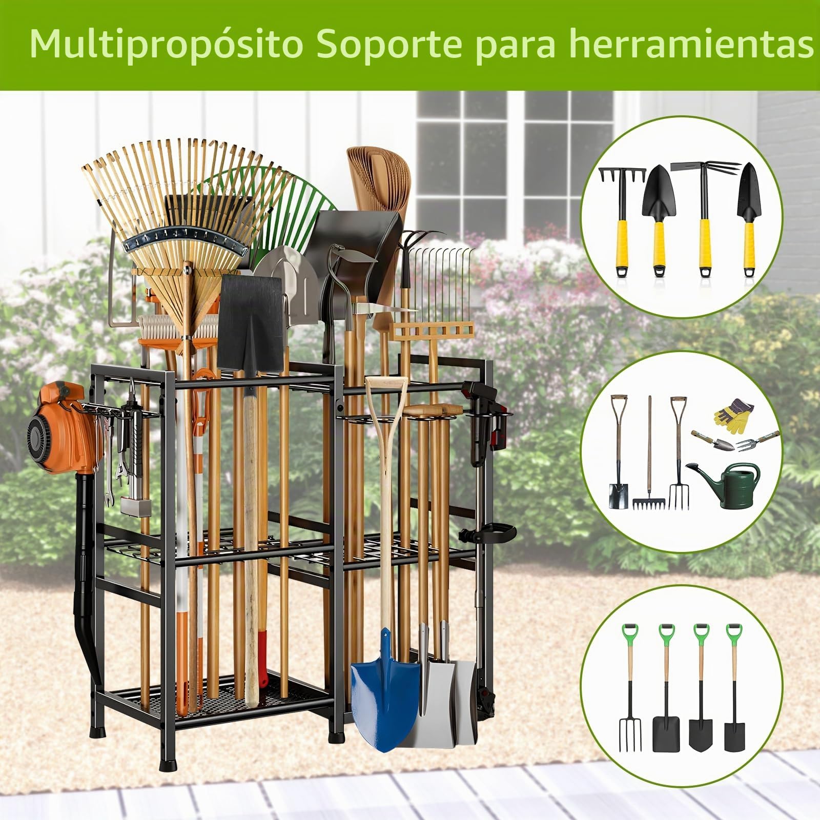 Estante móvil de almacenamiento de herramientas de jardín, estantes de metal de 3 niveles, soporte de almacenamiento de garaje, estante de fregona comercial, sostiene herramientas, palas, rastrillos