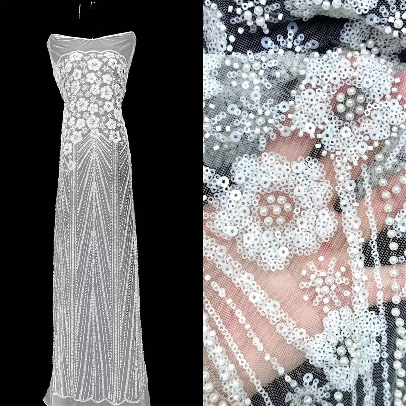 Tkanina do szycia, tkanina z koralikami elegancka koronka z koralikami tkanina cekiny haft tiulowy materiał siatkowy suknia wieczorowa