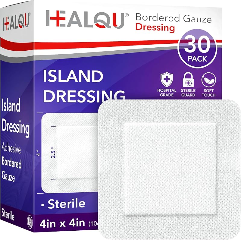 Apósito HEALQU Island - 4 x 4 pulgadas, 30 unidades - Gasa con bordes estériles envueltas individualmente, resistente al agua, respaldo no tejido - Apósito para heridas suave y transpirable para primeros auxilios y atención médica | Resistente al agua, sin látex, muy absorbente, borde adhesivo, centro antiadherente, almohadilla transpirable
