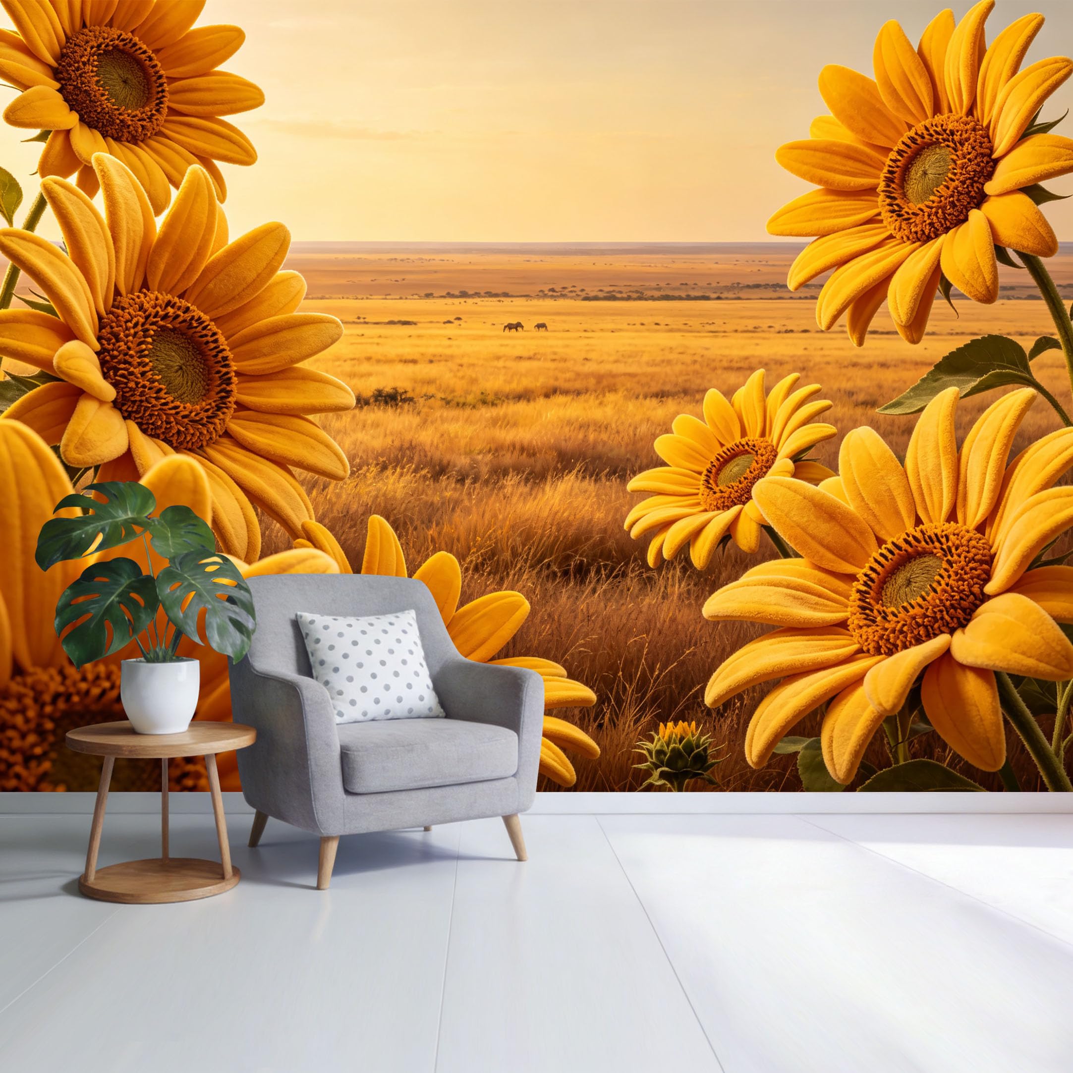 Custom Size Wall Mural Golden Sunflower Field Landscape Sunset Botanical Nature View SelfAdhesive Wall Fabric Removable Wallpaper for Home Office Decor