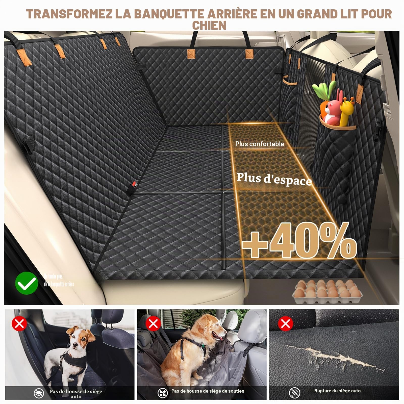Lekeinchi Protection Voiture Chien Siege Arriere, Housse Voiture Chien avec Base Rigide Résistant Aux Rayures Imperméable, Housse Siege Voiture Chien Tapis Convient à Tous Les Types de Voitures, Noir