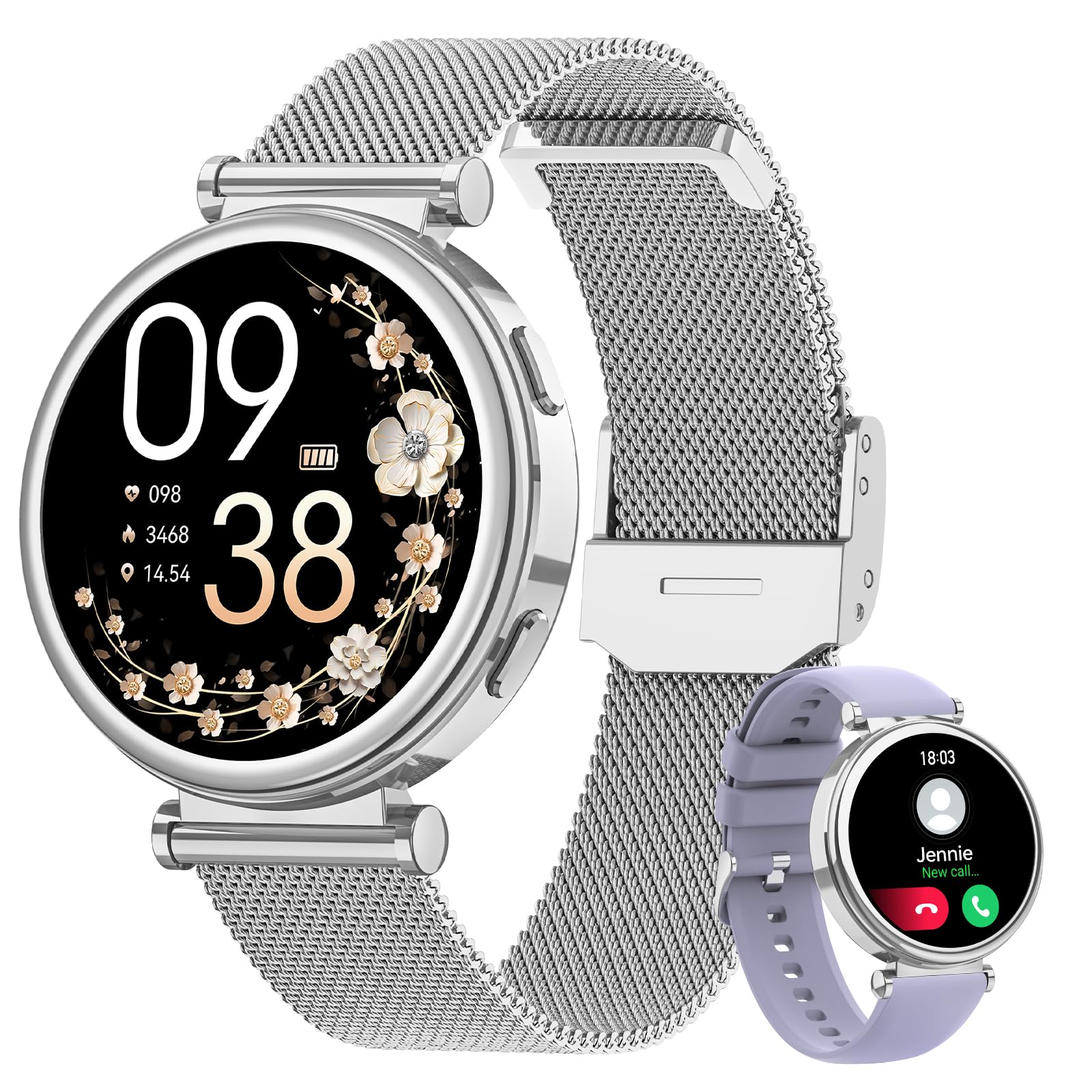 Sanorum Reloj Inteligente Mujer con Llamadas 5.3, 1.27" Pantalla Táctil Smartwatch con 24H Pulsometro/Sueño, Función Femenina 120+ Modos Deportivos, IP68 Calorías Podómetro, Android iOS, Plata