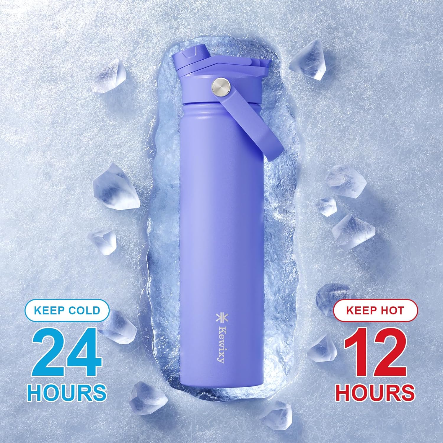 24 oz Insulated Water Bottle, 2-in-1 Lid, Straw & Spout with Protected, Leak Proof, Keep Cold, Stainless Steel, Metal, Reusable, Handle, for Travel, Gym and School, 2 Lids, Aurora Blue - Image 5