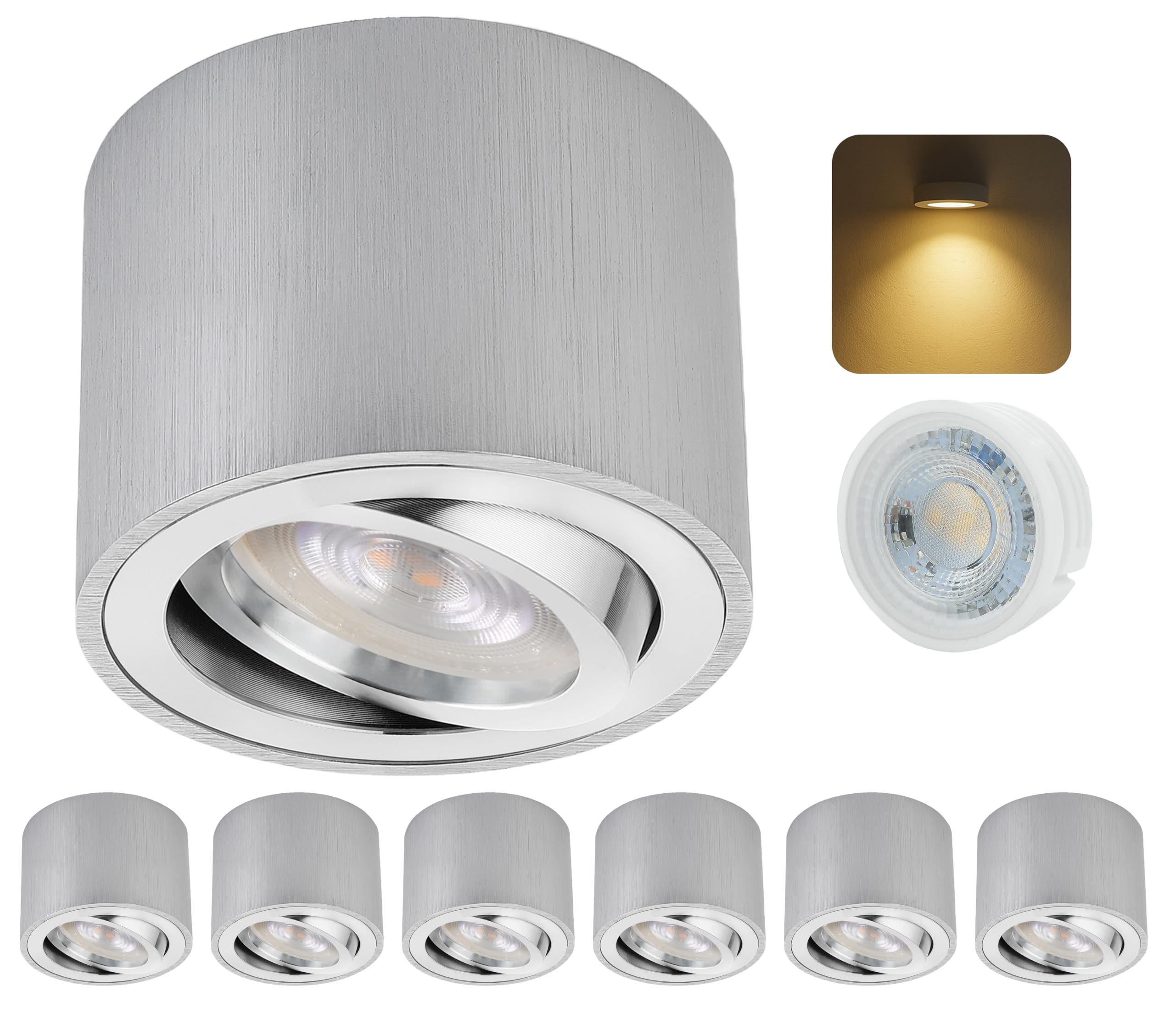 6er Set LED Aufbauspot Aluminium Gebürstet Silber Flach Ø80x50mm – 5W 3000K Warmweiß – Schwenkbar – Deckenspot Aufputz 230V – Wechselbares LED Modul