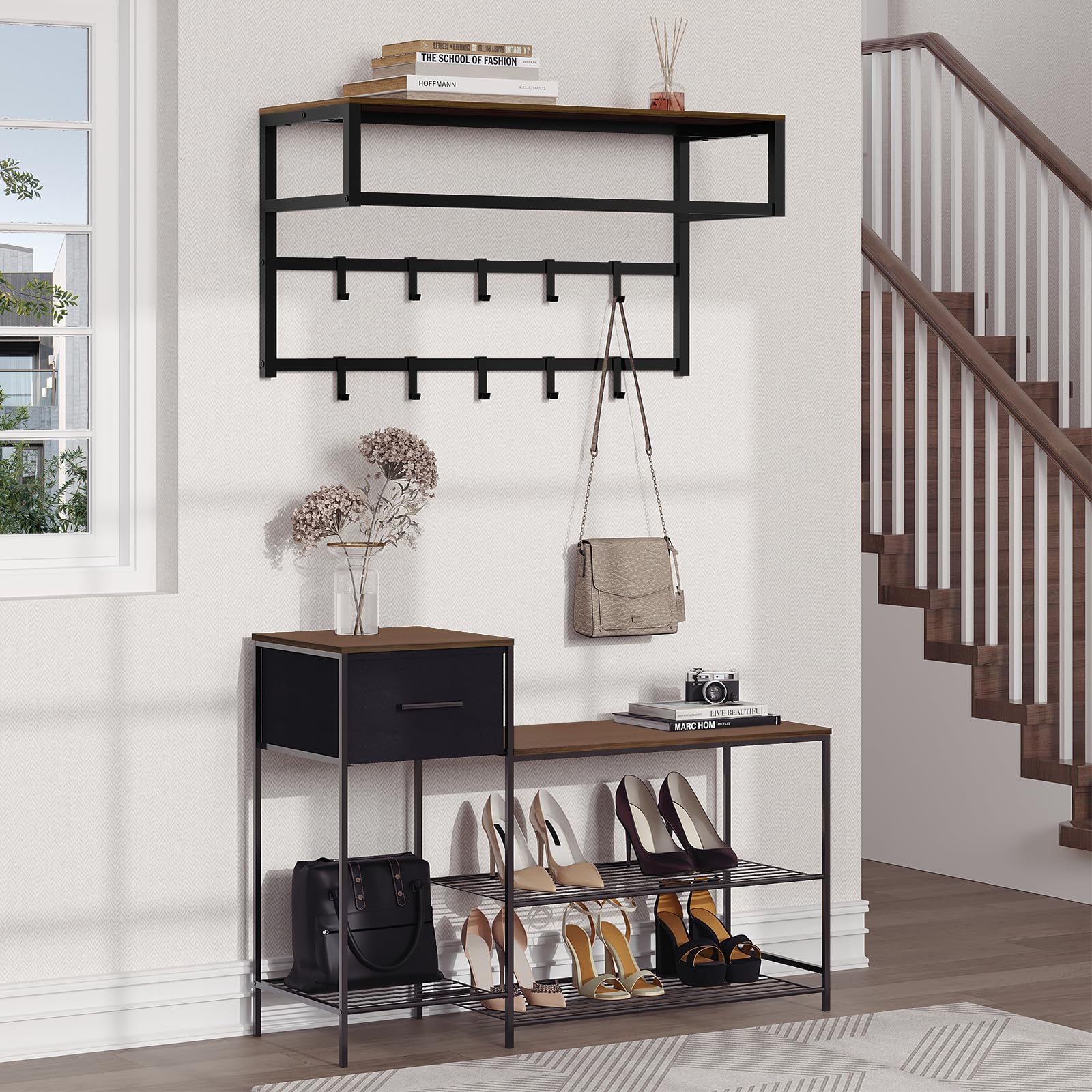 eSituro Appendiabiti Parete con Mensola, Attaccapanni da Muro con 10 Ganci, Portachiavi da Parete, Appendi Cappelli, per Ingresso, Corridoio, 80x30x41 cm, Nero+Venature Scure