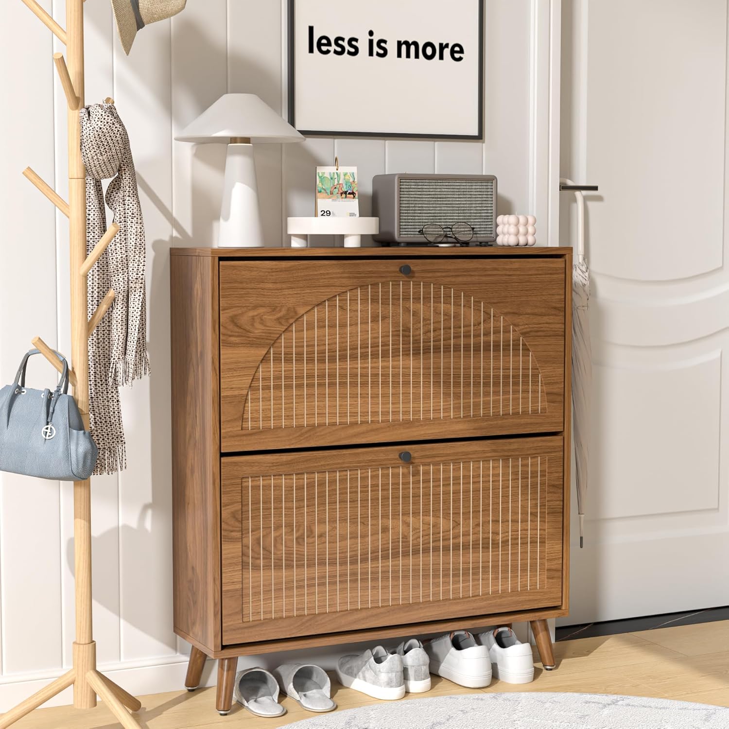 Walnut Shoe Storage Cabinet for Entryway with 2 Drawers