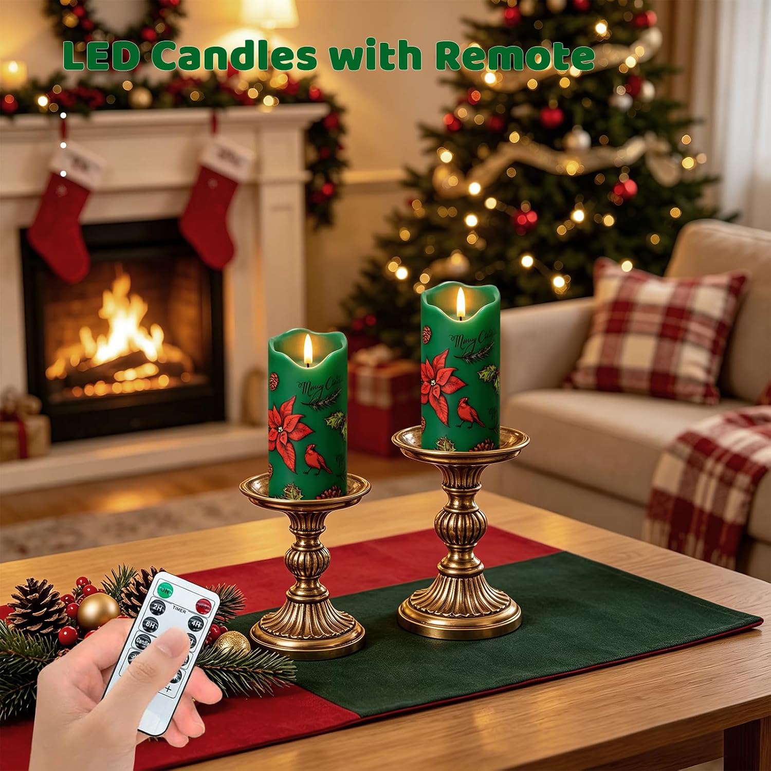 Christmas Flameless Candles Set of 2, Poinsettia Candle with Remote & Timer image 3