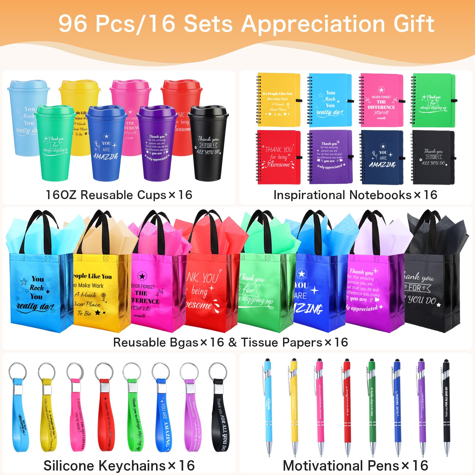 96 piezas/16 juegos de regalos de agradecimiento para empleados a granel, incluye bolsas de regalo de agradecimiento con cuadernos de papel de seda, bolígrafos, tazas, llaveros, regalos de