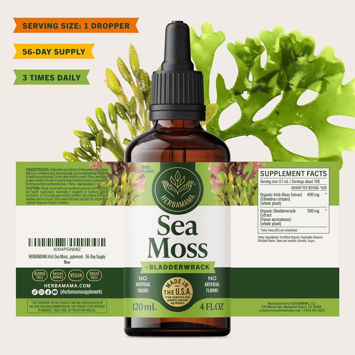 HERBAMAMA Irish Sea Moss Liquid Drops - Vegan Immune Support with Sea Moss & Bladderwrack Complex Tincture - Non-GMO, Alcohol & Sugar-Free Chondrus Crispus Extract Supplement - 56-Day Supply - Image 8