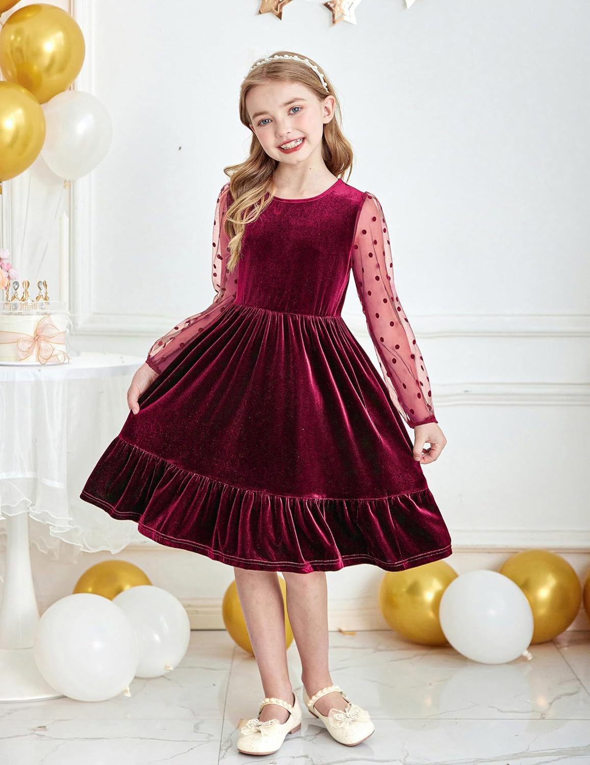 Arshiner Girls Dresses Contrast Mesh Velvet Long Sleeve A-Line Vintage Party Dress with Pockets - Image 3