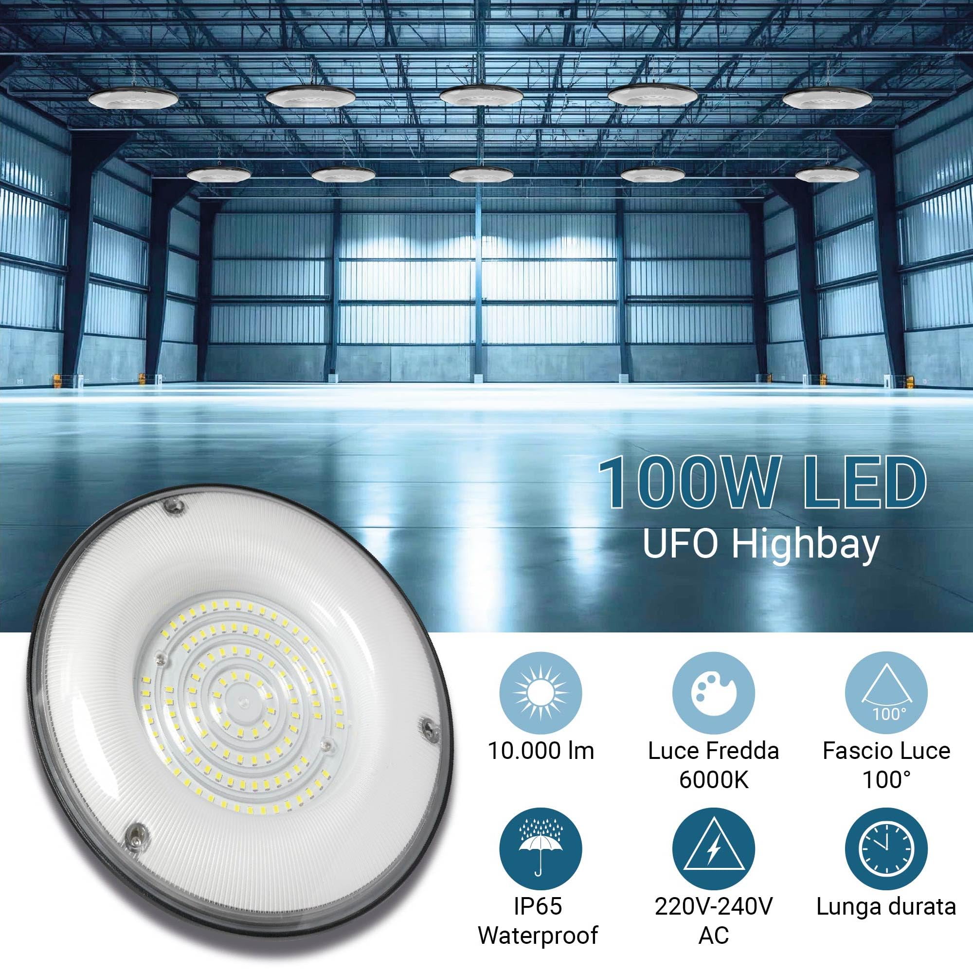 Sigmaled Lighting, Lampada LED UFO per Capannone 100W 10.000lm, Faro IP65, Bianco Freddo 6000K, Illuminazione Industriale Luci per Officina Magazzini Garage, Proiettore industriale High Bay, pack 1