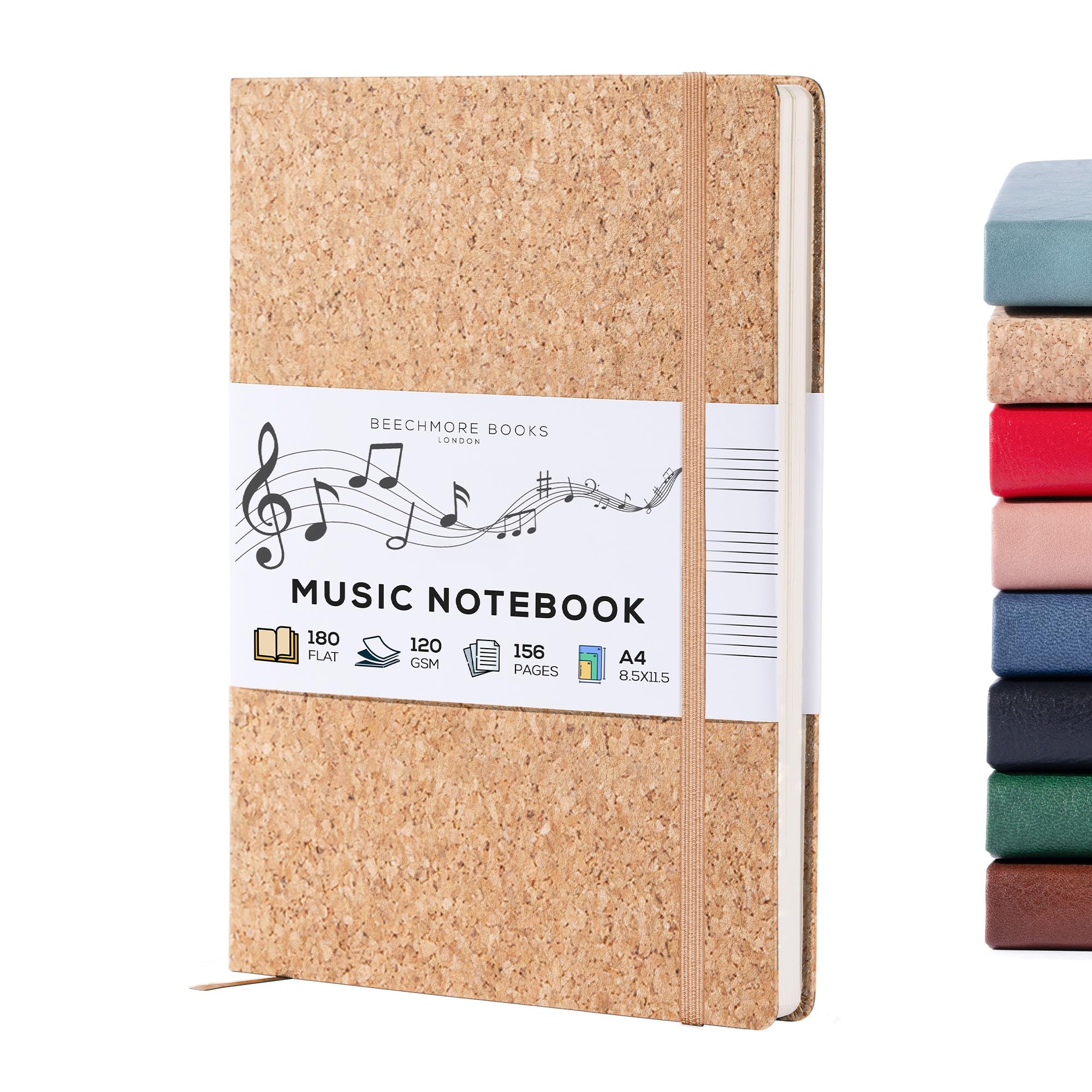 BEECHMORE BOOKS Blank Sheet Music Notebook – A4 8.5x11.5 for Songwriters, Musicians & Composers, 156 Thick 120gsm Pages, 10-Staff Perforated Sheets, Vegan Leather Hardcover, Elastic Closure, Gift Box