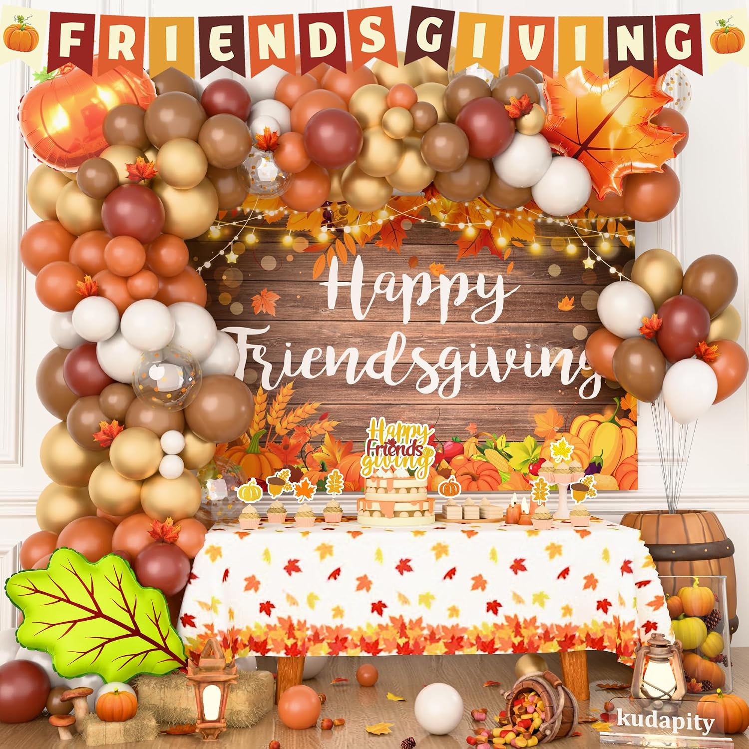 Kudapity Fall Friendsgiving Party Decorations, Thanksgiving Friends Party Decorations, Friendsgiving Decorations Kit, Balloon Banner Topper Tablecloth Backdrop Maple Leaves Pumpkin