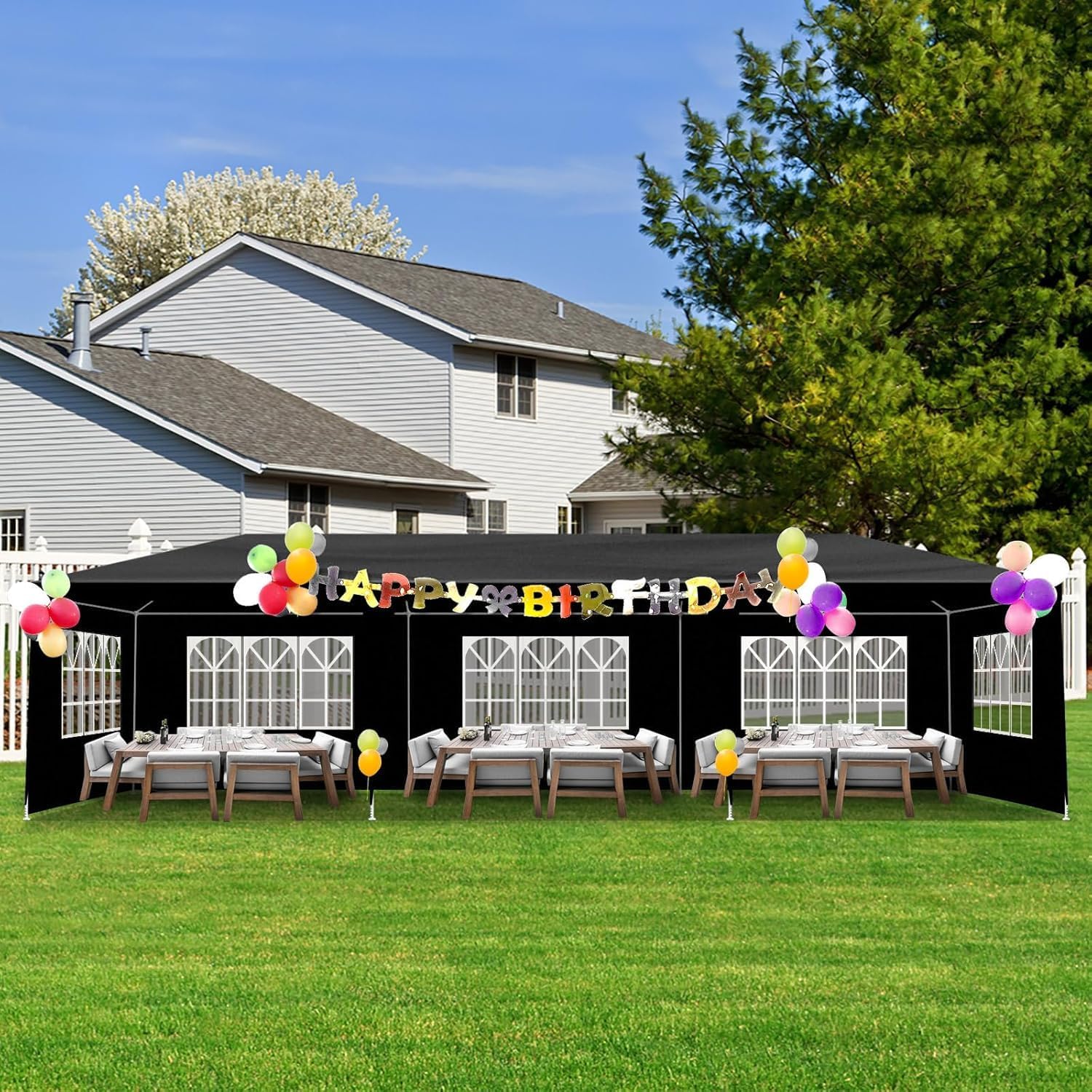 10'x30' Outdoor Canopy Tent, Party Tent with 8 Removable Sidewalls, Event Tents for Parties, Outside Waterproof Wedding Canopy for Birthday, Holiday (Black,10x30FT-8Sides)