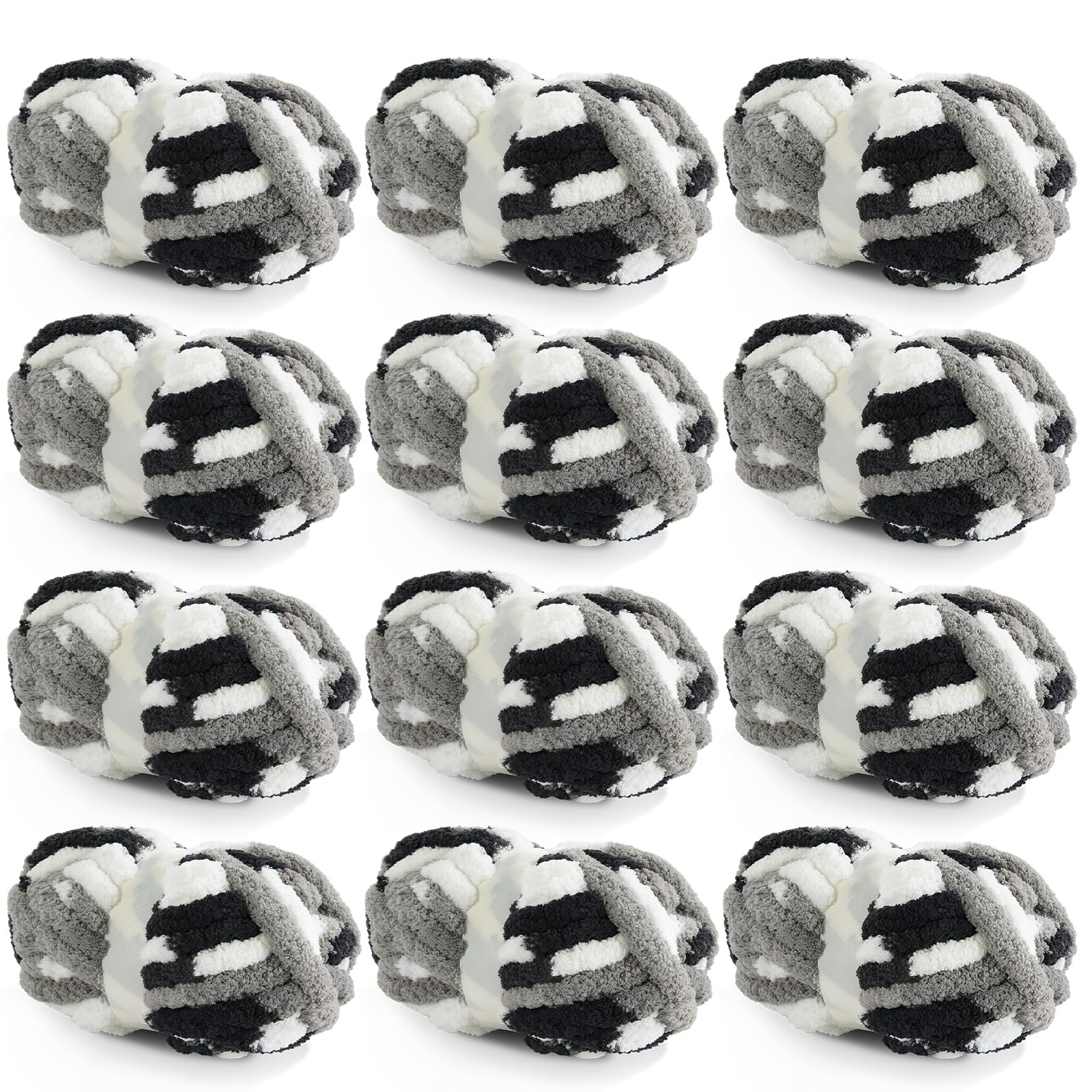 HOMBYS 12 Pack Giant Chunky Yarn for Crocheting & Knitting, Super Bulky Soft Fluffy Tie Dye Plush Fuzzy Mixed Color Thick Chenille Yarn (Black, White, Grey) — image 1