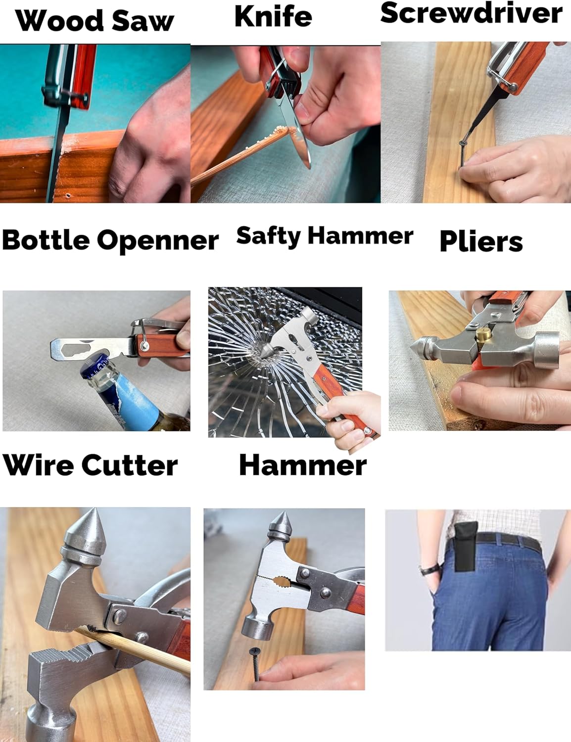 Window Breaker Multitool with 16-in-1 Survival Gear for Camping Hiking and DIY jobs with Hammer,Plier,Pocket Knife,Bottle Opener,wrench,Screwdriver