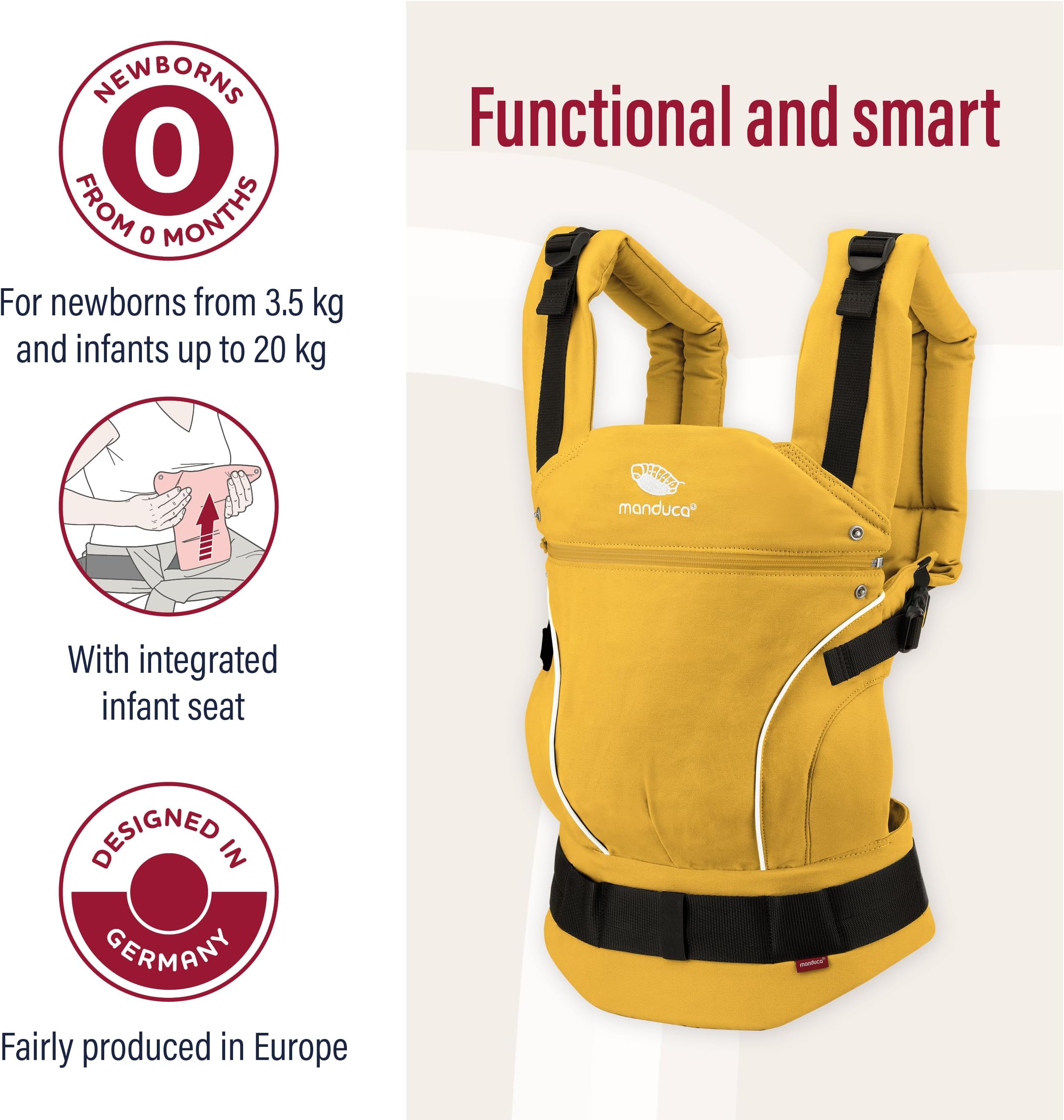 manduca First Baby Carrier > Gold < Ergonomic Baby Carrier Backpack, Organic Cotton, Patented Back Extension, for Newborns and Babies from 3.5 to 20 kg (Gold)