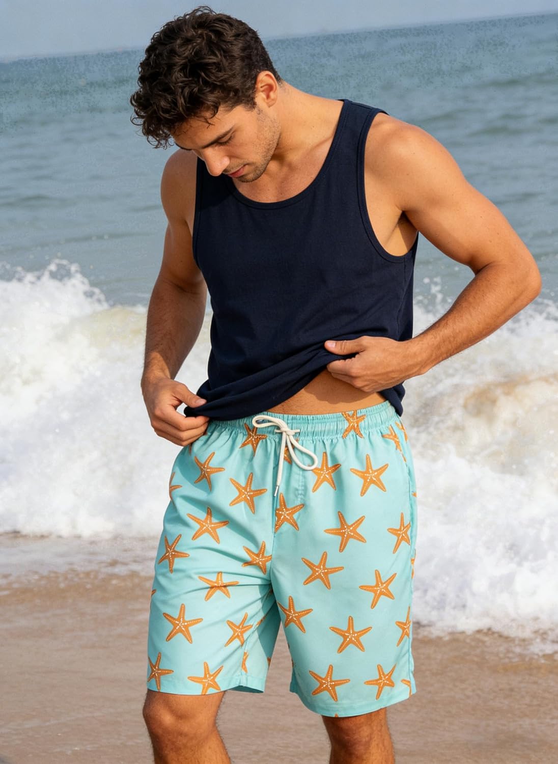 Men's Hawaiian Shorts Starfish Print Beach Short Lightweight Swim Trunks Board Shorts for Vacation