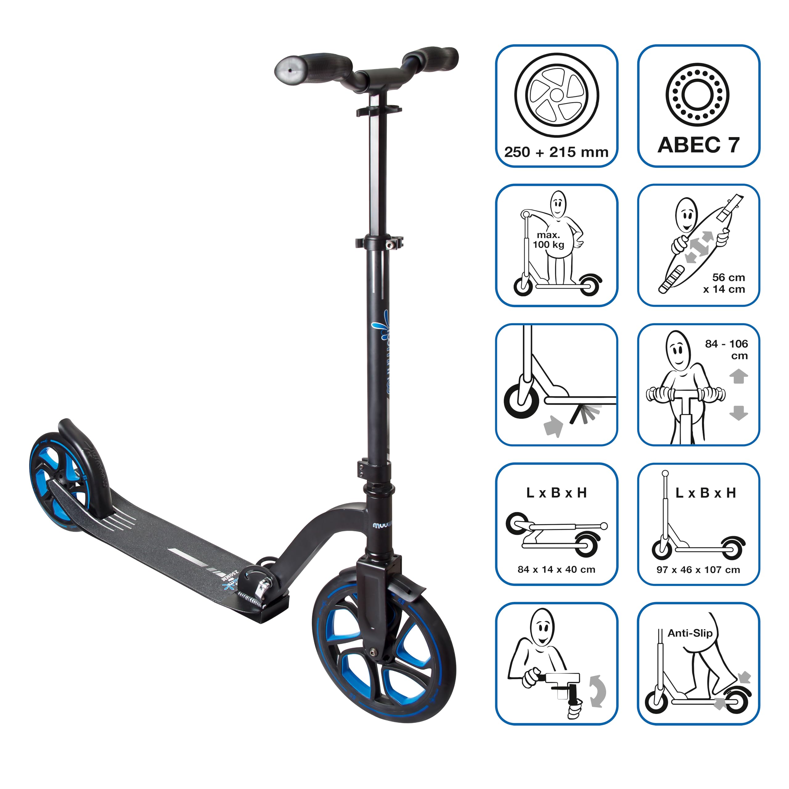 muuwmi Aluminium Scooter Pro – Tretroller, 250/215 mm, ABEC 7, GS-geprüft, höhenverstellbar