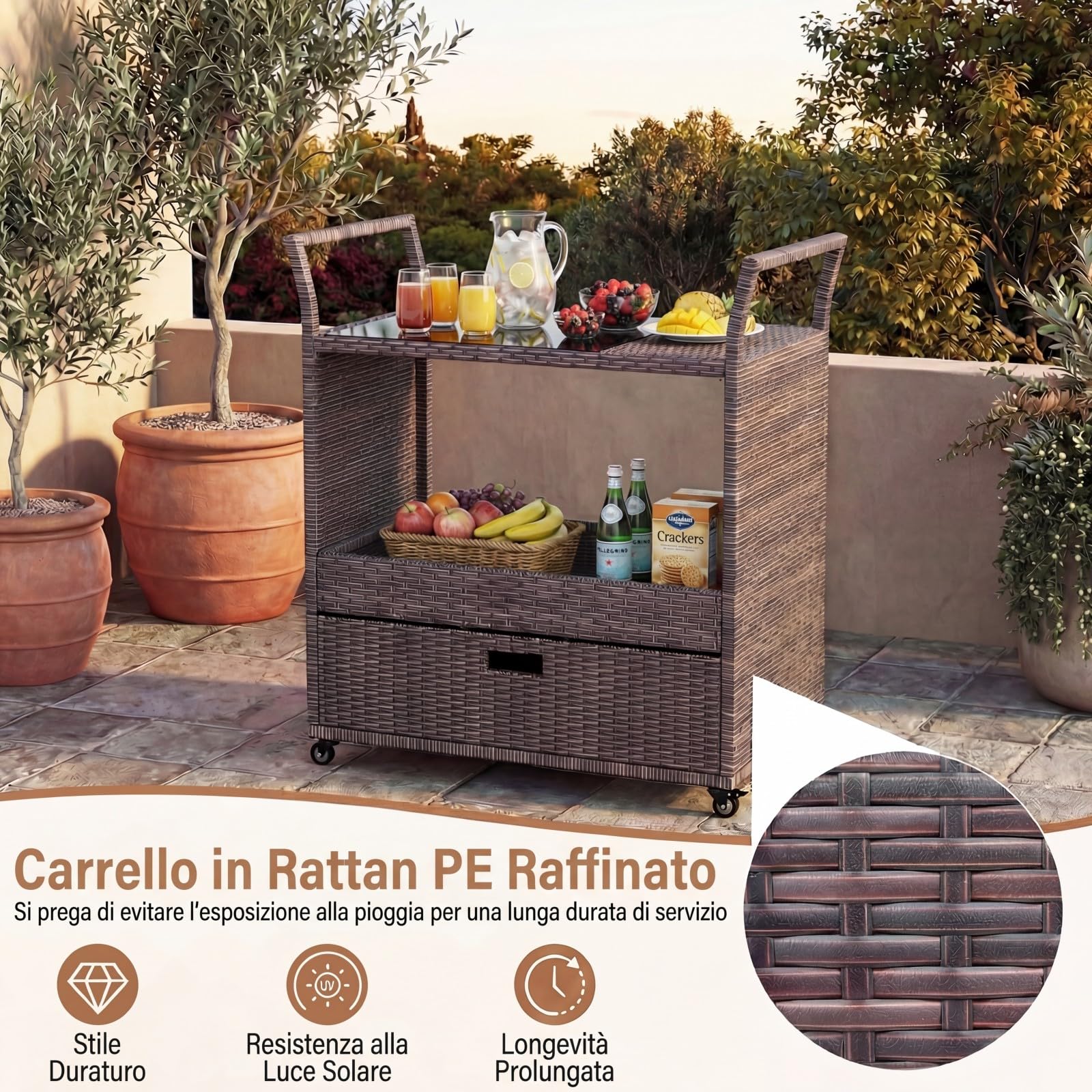 SOARS Carrello Bar in Rattan PE, Tavolo Bar da Esterno con Ruote, Ripiano Aperto, Cassetto e Piano in Vetro Temperato, Carrello di Servizio con Maniglie per Giardino, Cortile, Piscina, 85 X 47 X 92 CM