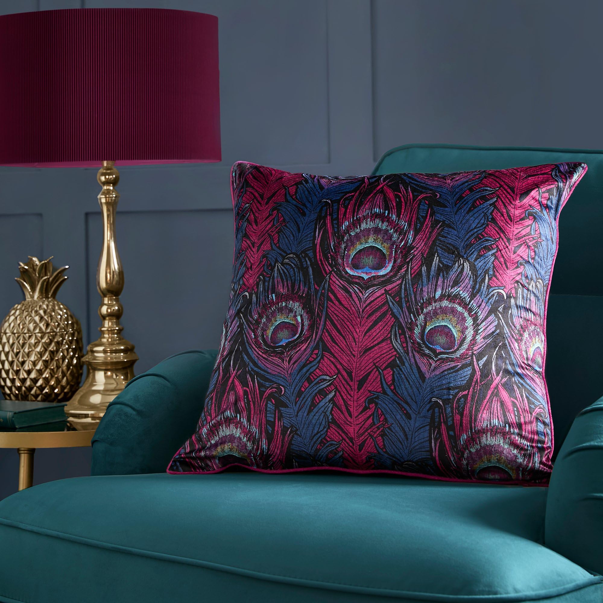 Laurence Llewelyn-Bowen Plum Red Peacock Cushion 55 x 55cm – Luxury Jacquard Cushion with Piped Edge – Reversible Design – Feather-Inspired Pattern – Filled Decorative Scatter Pillow