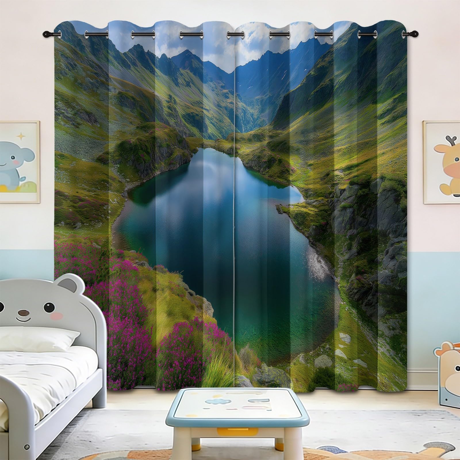 Zasłony zaciemniające Fotografia Łąka 140 l x 160 cm, wzór górskiego jeziora, dekoracja okienna do salonu i sypialni, izolacja termiczna, 2 panele