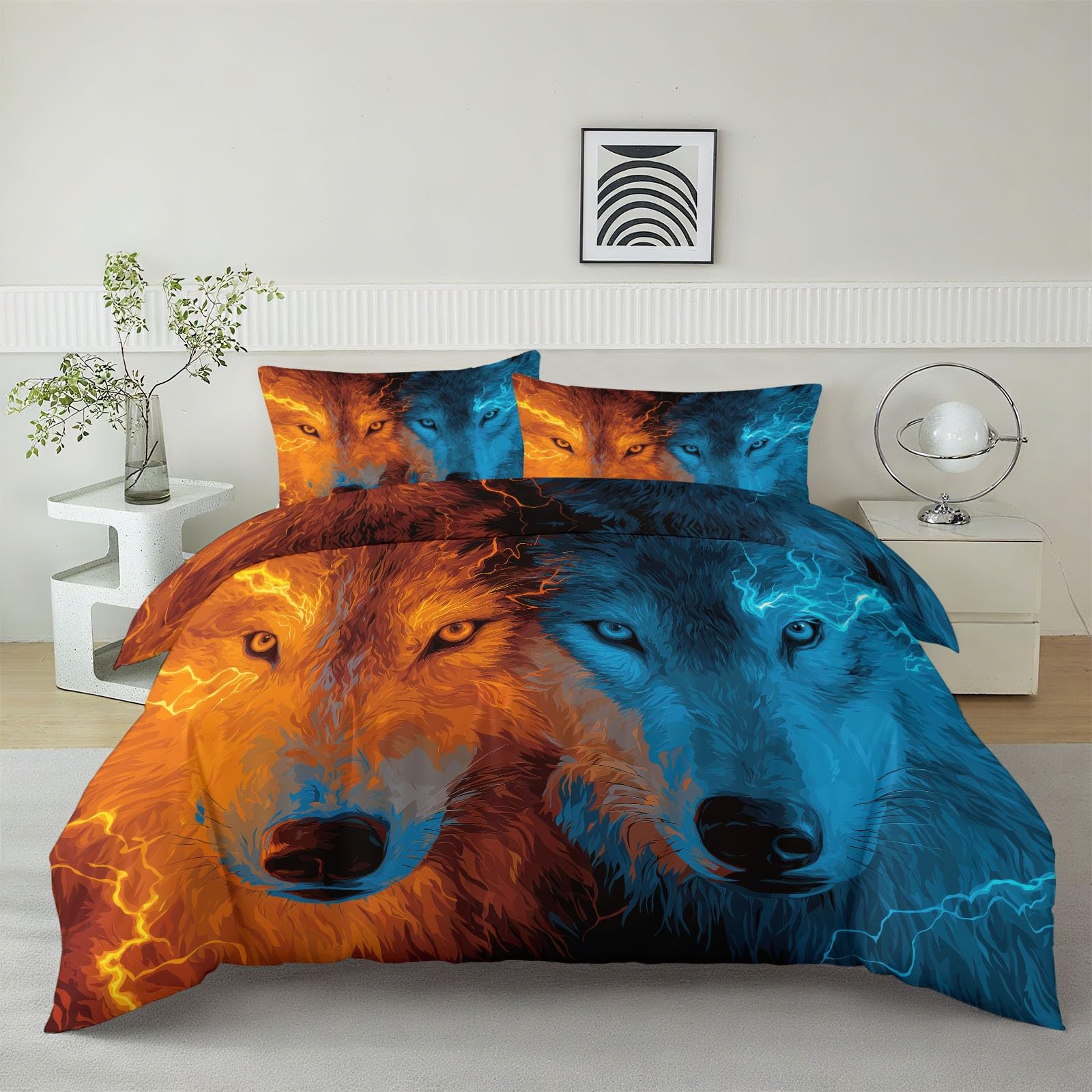 Housse de couette loup feu réversible 240x260 cm avec ses deux taies d'oreiller pour lit 2 personnes