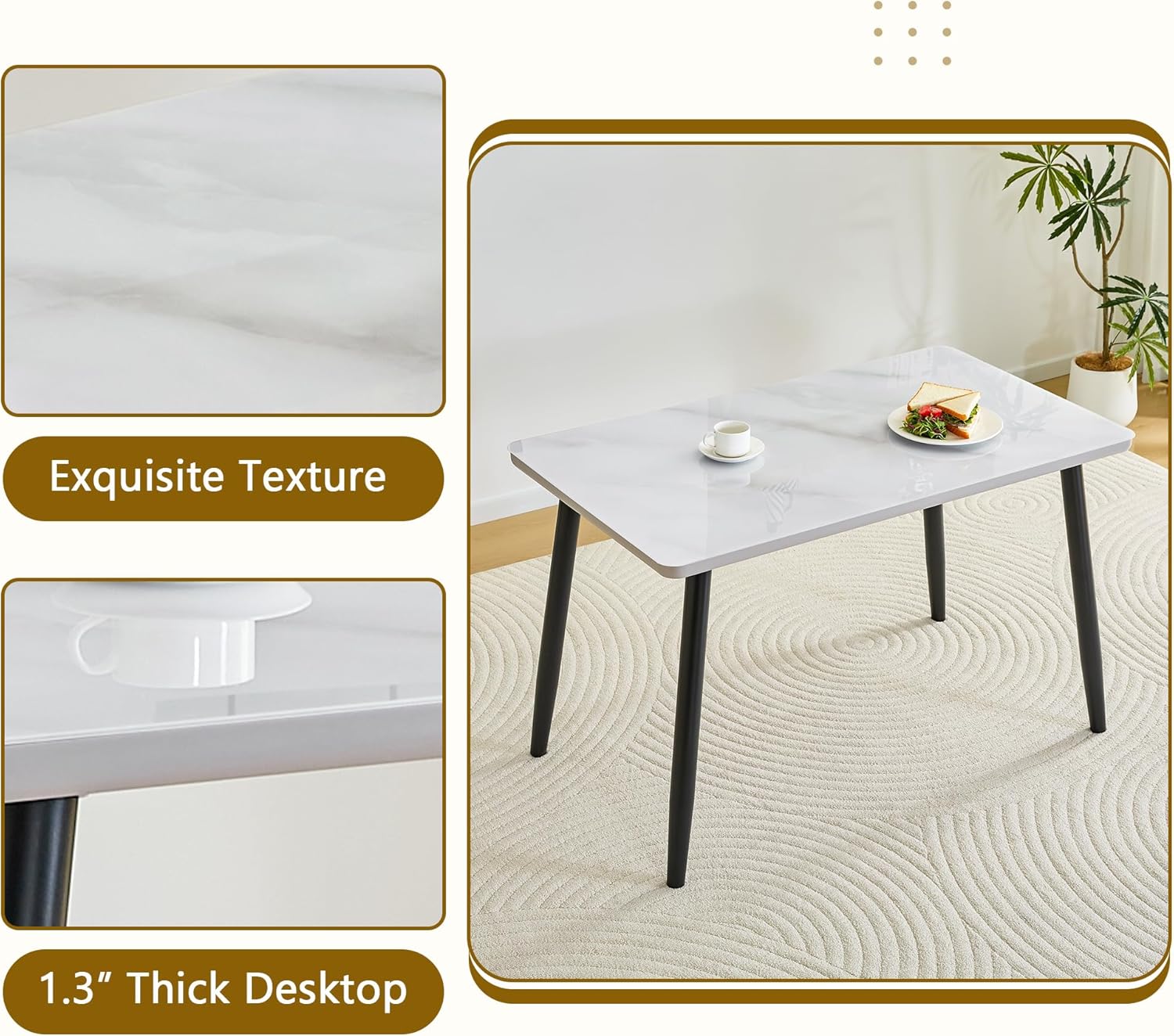 47" Marble Texture Elegant and Stylish Pizza Restaurant Dining Table, Simple and Practical Dining Room Dining Table,Mid-century Style Pizza Restaurant Tables for Small Restaurants, White+Black