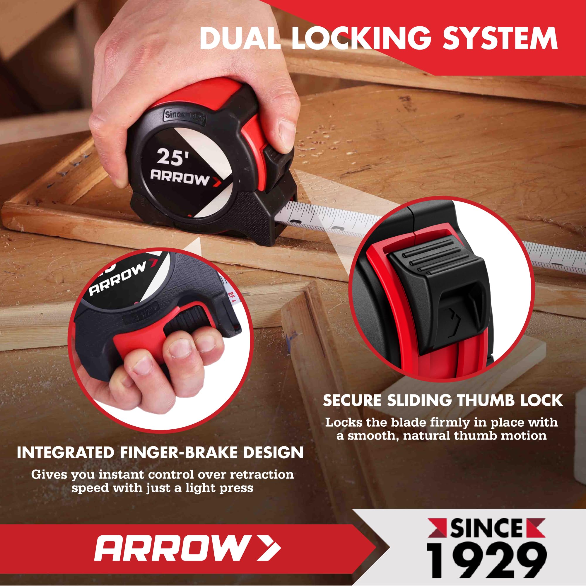 Arrow 25ft Tape Measure - Dual Lock & Durable -4 Arrow 25ft Tape Measure - Dual Lock & Durable -4