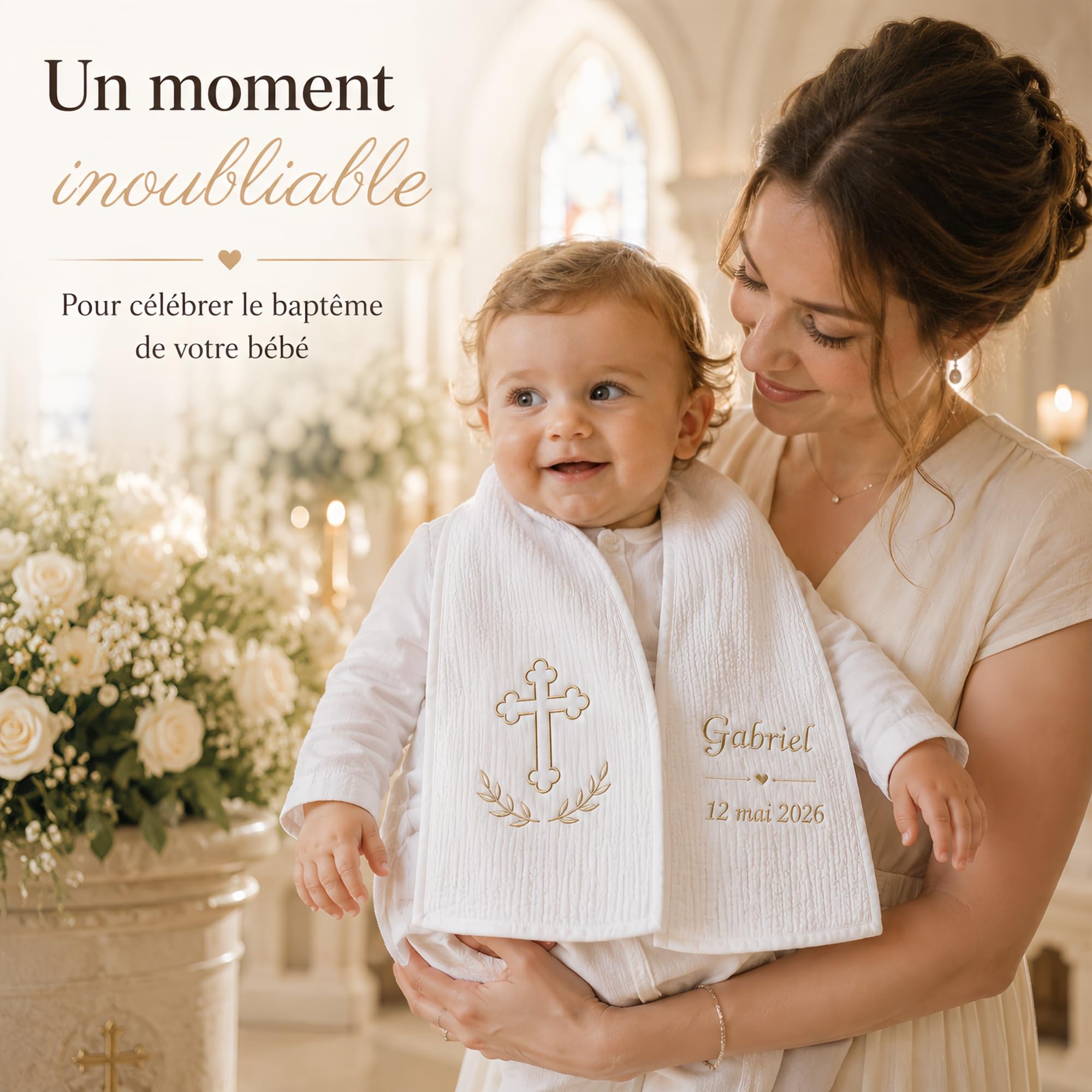 Écharpe de Baptême Personnalisée Bébé – Double Gaze de Coton Brodée Prénom & Date – Étole Baptême Blanche Douce et Légère – Cadeau Baptême avec Coffret Cadeau(Modèle 17)