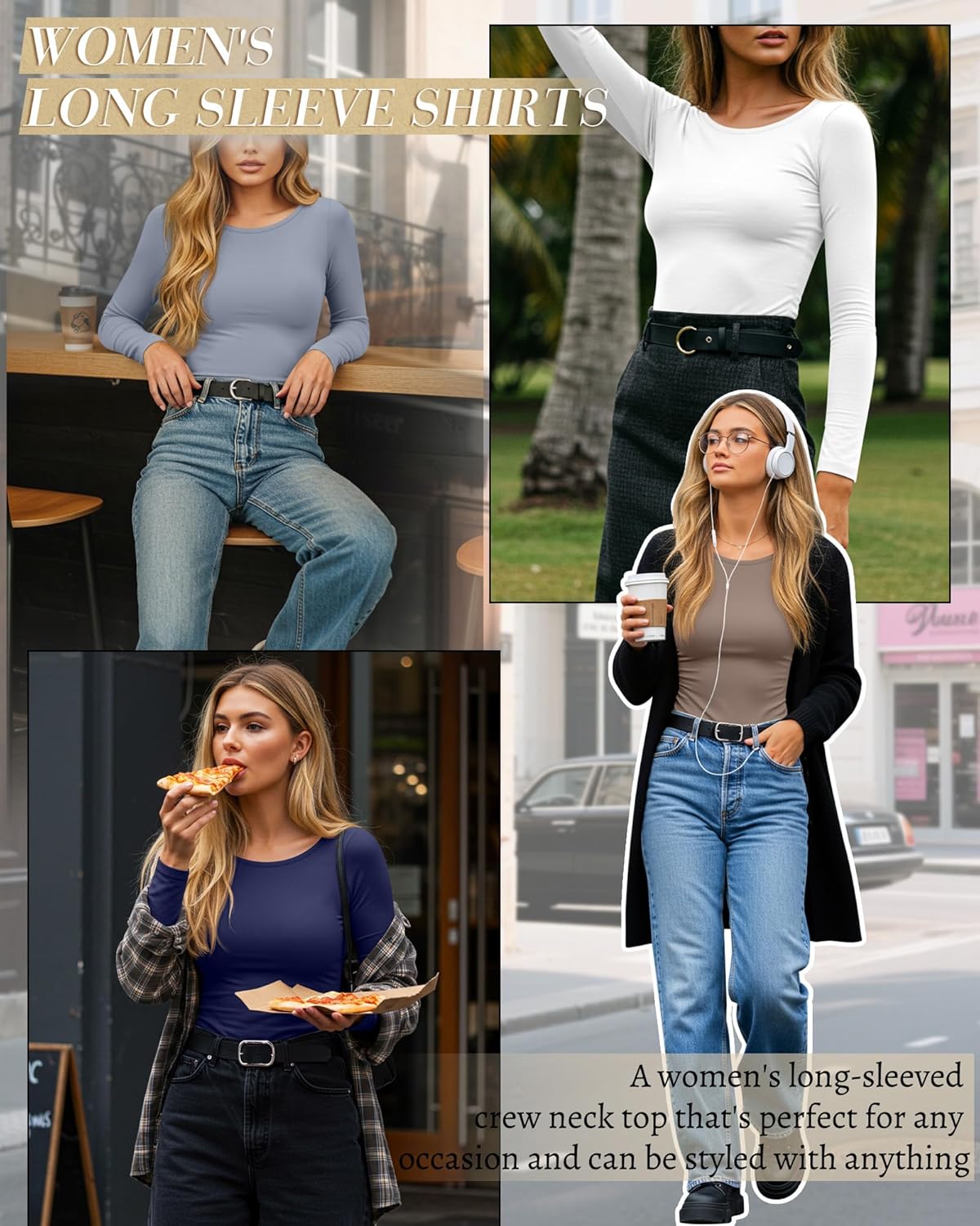 5 Pack Women's Long Sleeve Shirts Scoop Neck Tops Slim Fit Stretchy Undershirts Casual Base Layer Multipack - Image 3