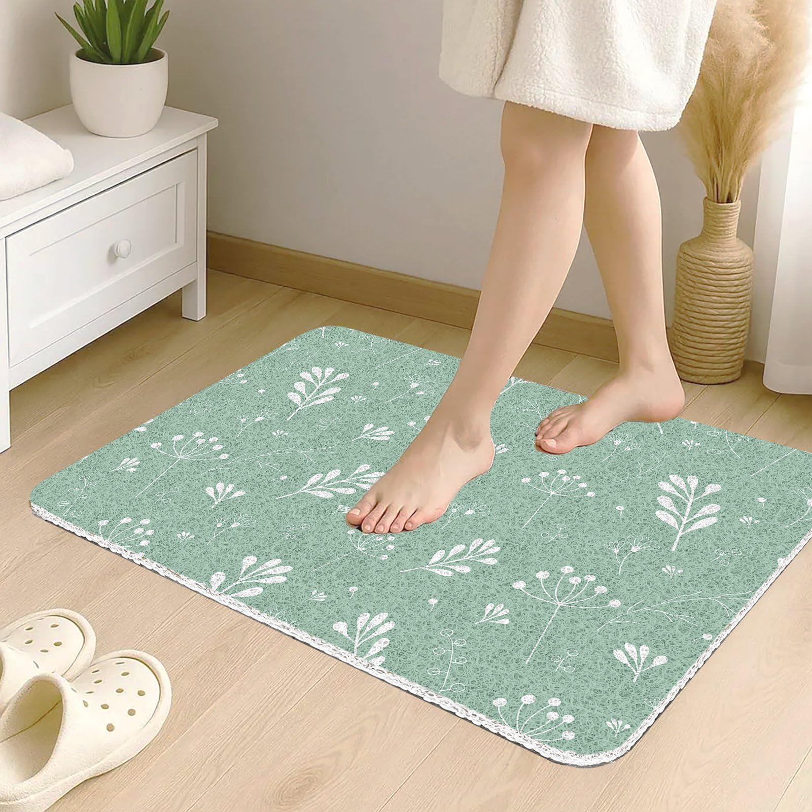Tapis de bain antidérapant extra long pour l'intérieur, en luffa en PVC souple avec drainage, séchage rapide pour zone humide, sans ventouse, vert et blanc, 100 x 100 cm