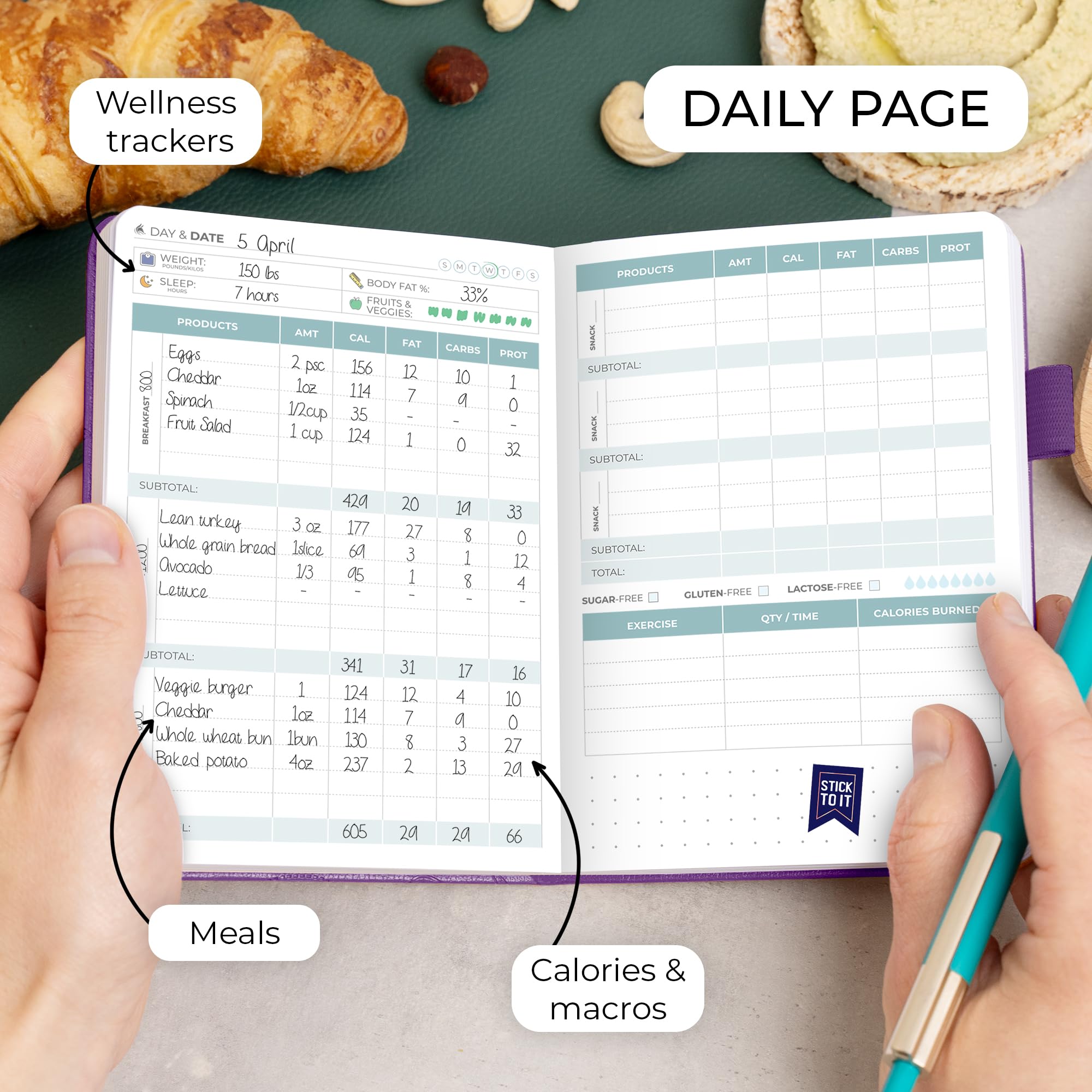 Clever Fox Diario alimentare tascabile – Diario giornaliero alimentare, pianificatore dei pasti per tenere traccia di calorie e nutrienti, blocco note per la perdita di peso, 10 x 14 cm (oro rosa