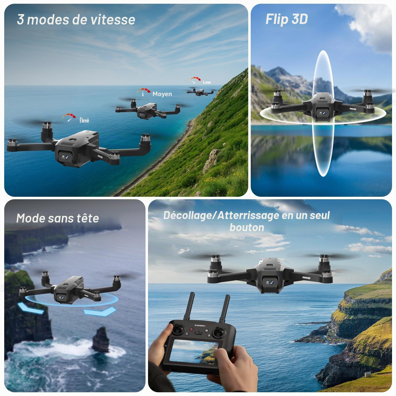 K600GPS Drone avec Caméra 1080P, Écran FPV 4,5", Retour Automatique à la Maison, Follow Me, Quadricoptère Télécommandé Pliable pour Adultes et Enfants Débutants, Autonomie de Vol de 22 Minutes