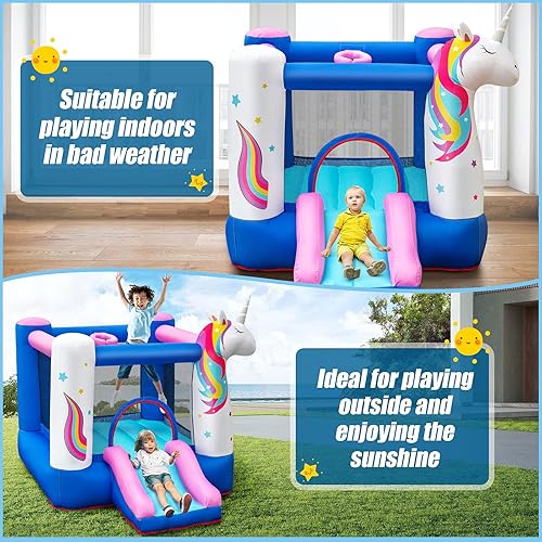 Miniatura 3 de Aurcs - Casa inflable de rebote, castillo inflable para niños con tobogán y aro de baloncesto, bolsa de transporte, kit de reparación, estacas, casa
