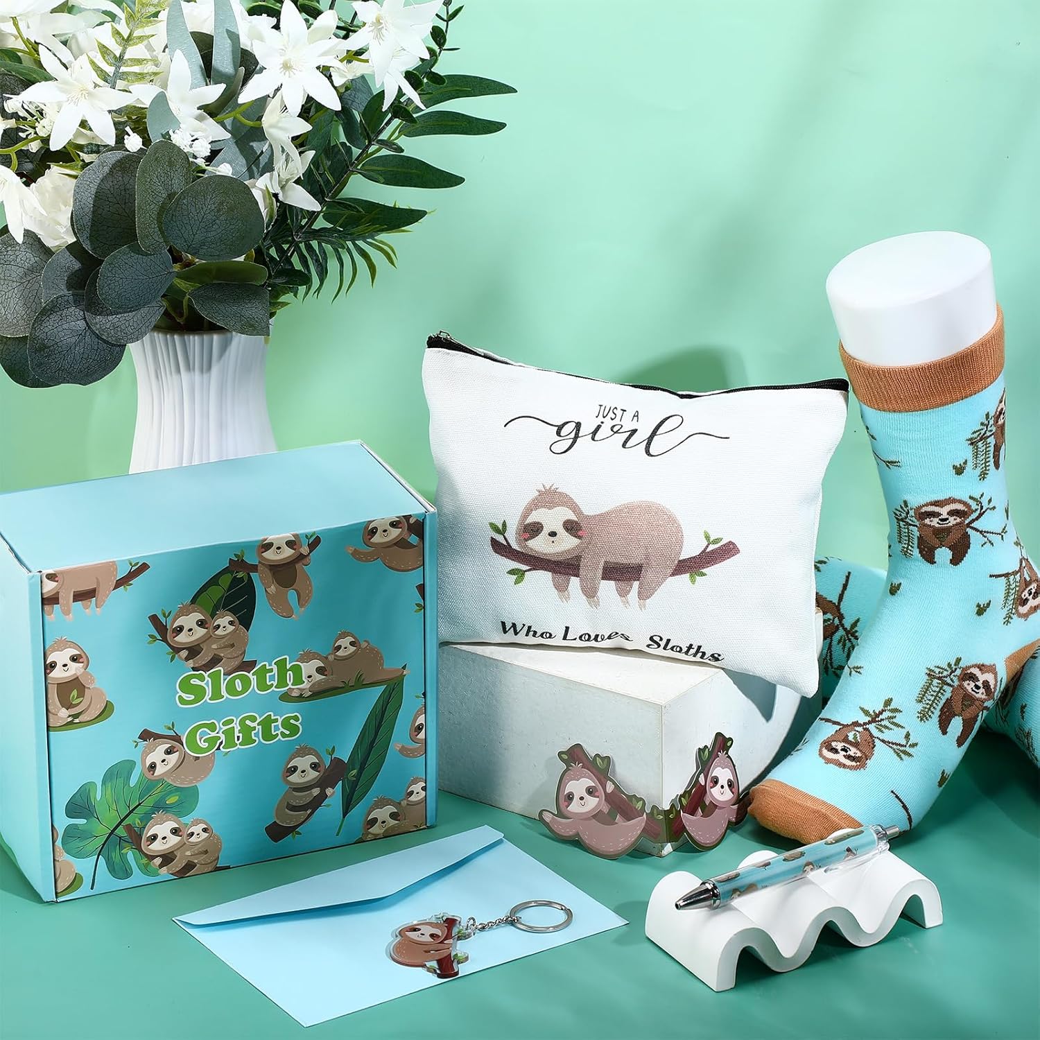 6 Pcs Funny Gift Baskets for Women Girls Pickle Avocado Socks with Vegetable Animals Makeup Bag Insulated Tumbler Keychain Greeting Card Pen for Christmas Birthday Party(Sloth) - Image 3