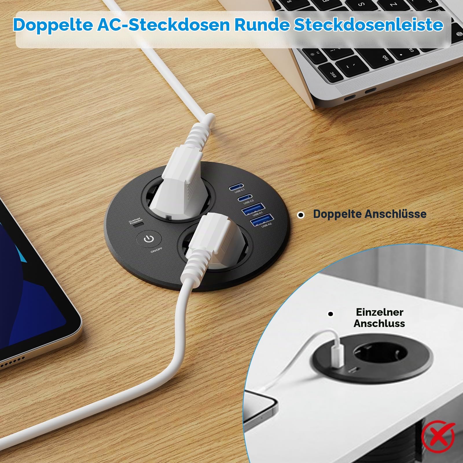 Einbausteckdose rund mit USB-C PD 20W, 2-Fach, Schalter, Ø100 mm | 2x USB-A 18W, 4 USB-Ports, 1,8 m Kabel, Arbeitsplatte & Küche, Schwarz